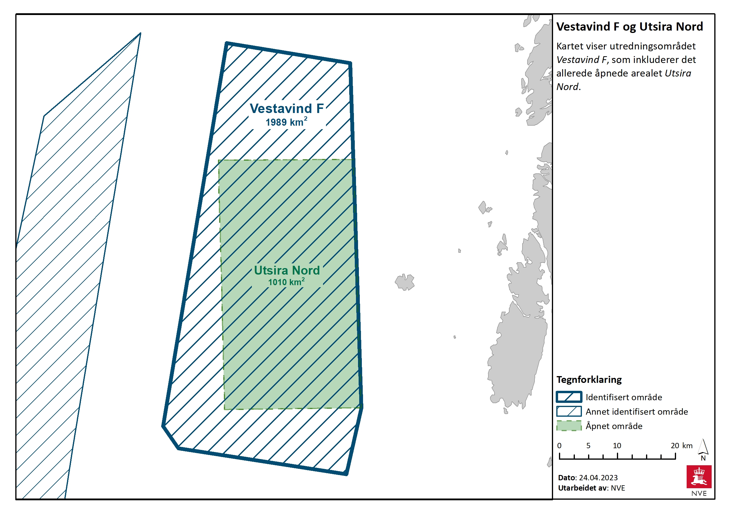 Kartet viser utredningsområdet Vestavind F og åpnet område Utsira Nord. Kilde: NVE.