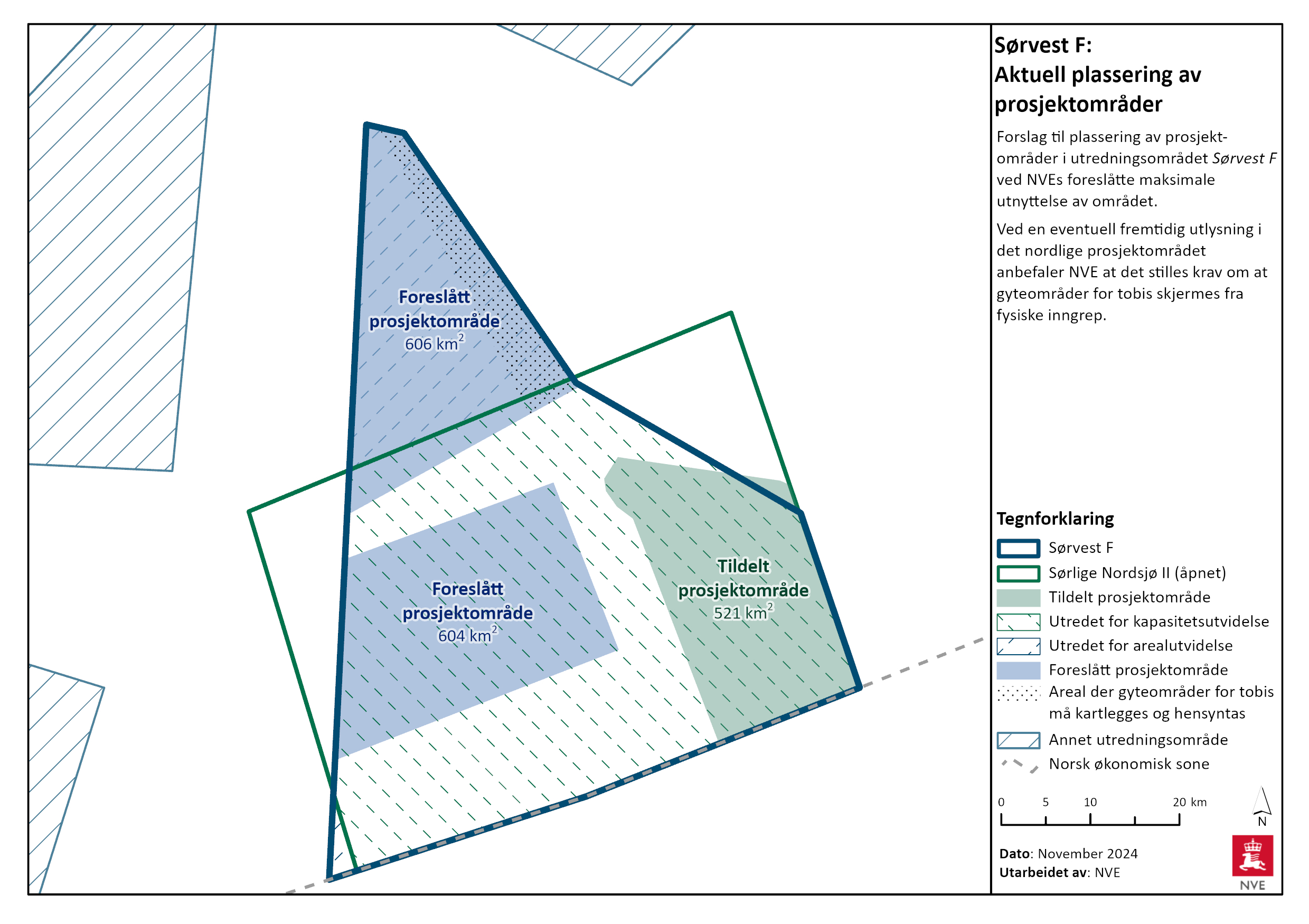 Forslag til plassering av prosjektområder i Sørvest F ved NVEs foreslåtte maksimale utnyttelse av området.