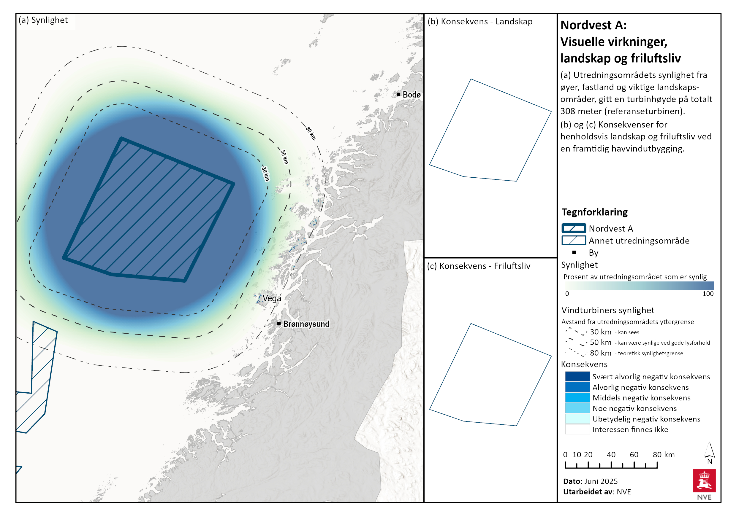 Synlighet ved havvindutbygging i Nordvest A fra øyer, fastland og viktige landskapsområder. Det er tatt utgangspunkt i en turbinhøyde på 308 meter (referanseturbin).