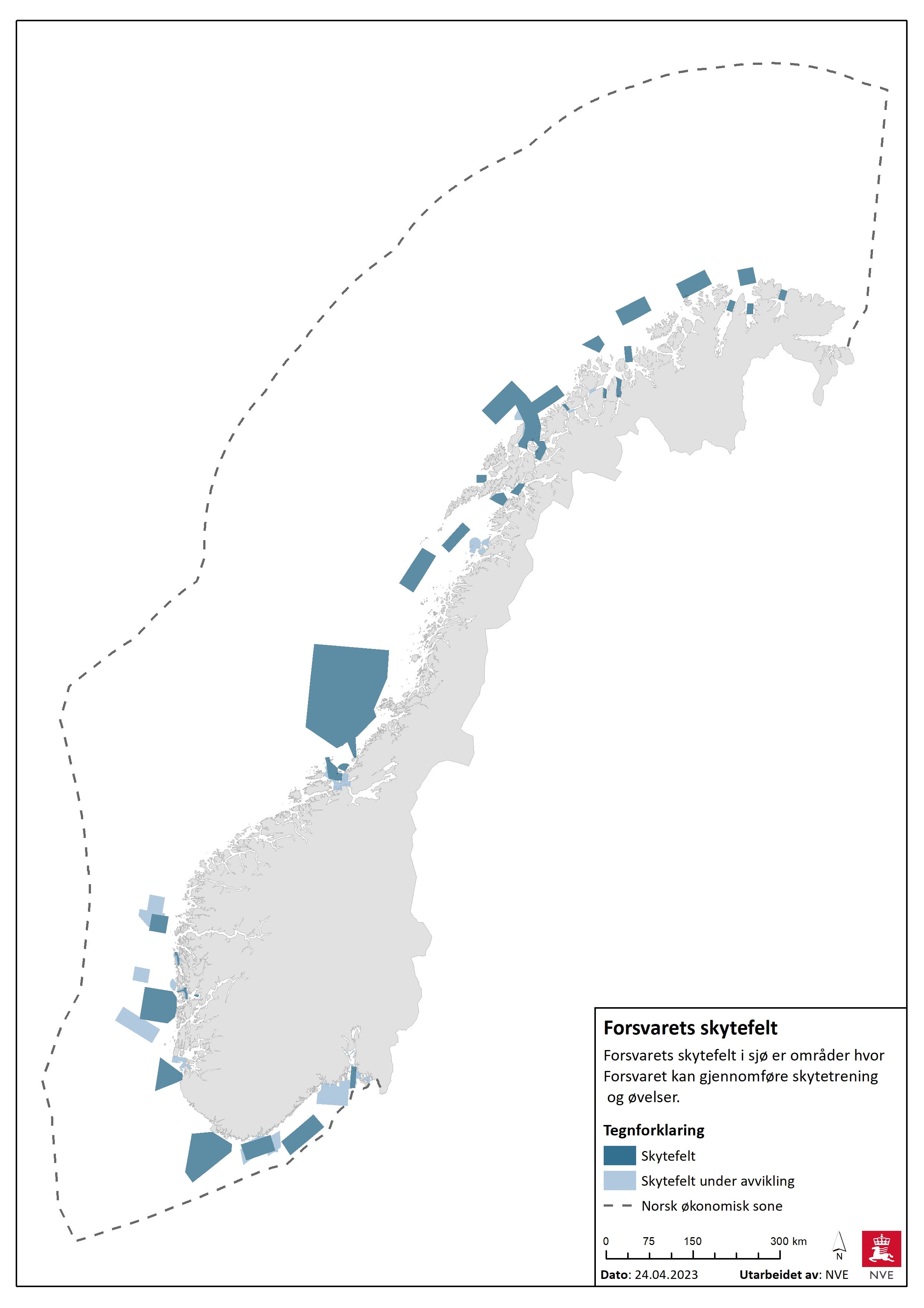 Oversikt over eksisterende skytefelt og skytefelt under avvikling i norske havområder.