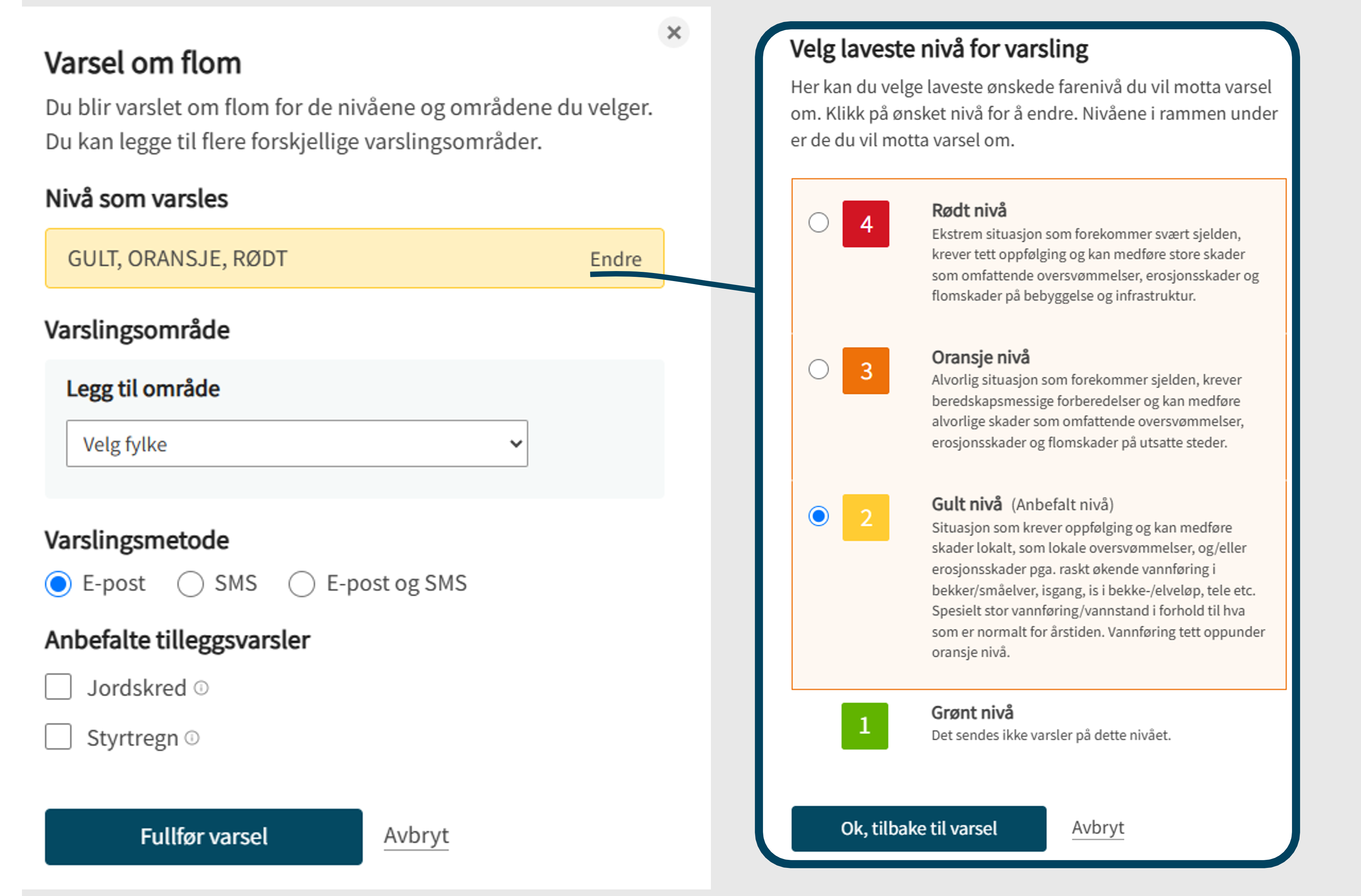 Slik abonnerer du på flomvarsel på abonner.varsom.no. Du kan velge laveste nivå du ønsker varsel for, og hvordan du vil bli varslet. Legg også merke til at du kan abonnere på farevarsel for jordskred og styrtregn også.