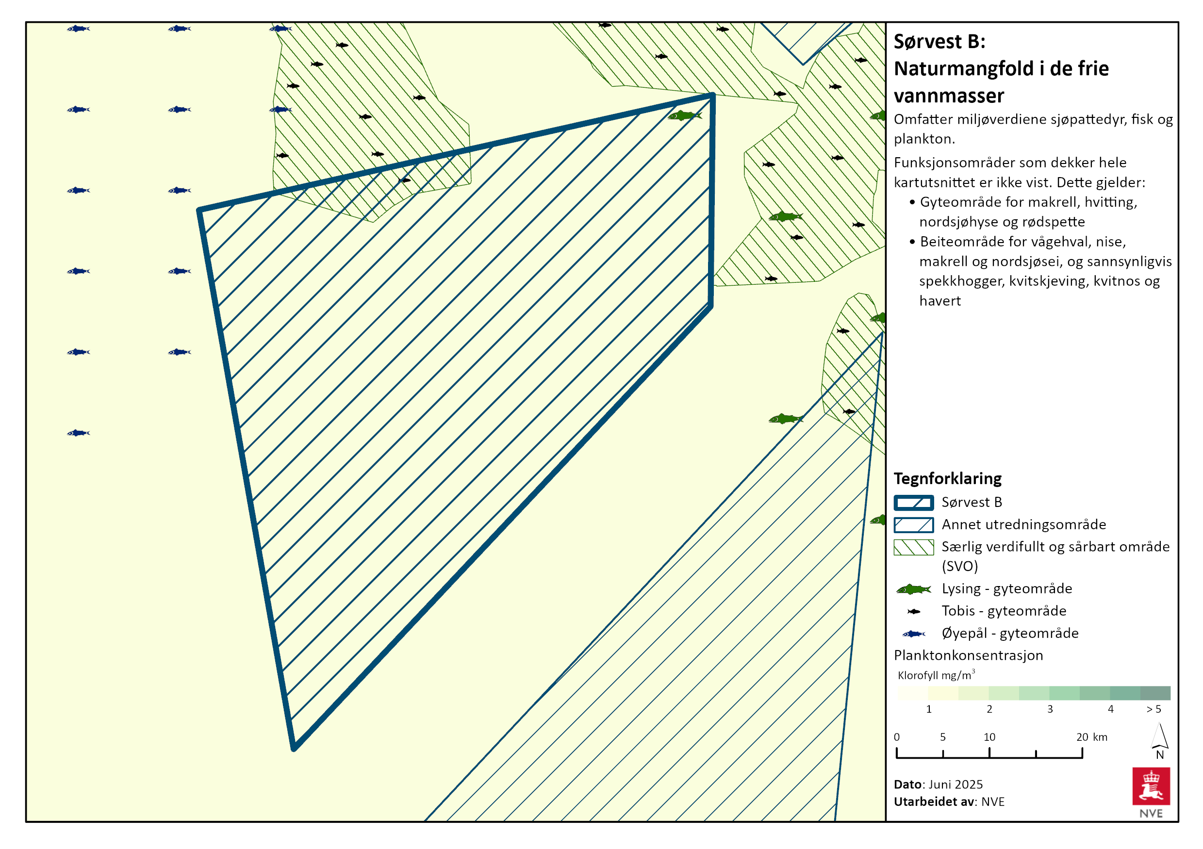 Naturmangfold i de frie vannmasser i Sørvest B. Se tegnforklaring for nærmere beskrivelse, og les mer i tekstene nedenfor.
