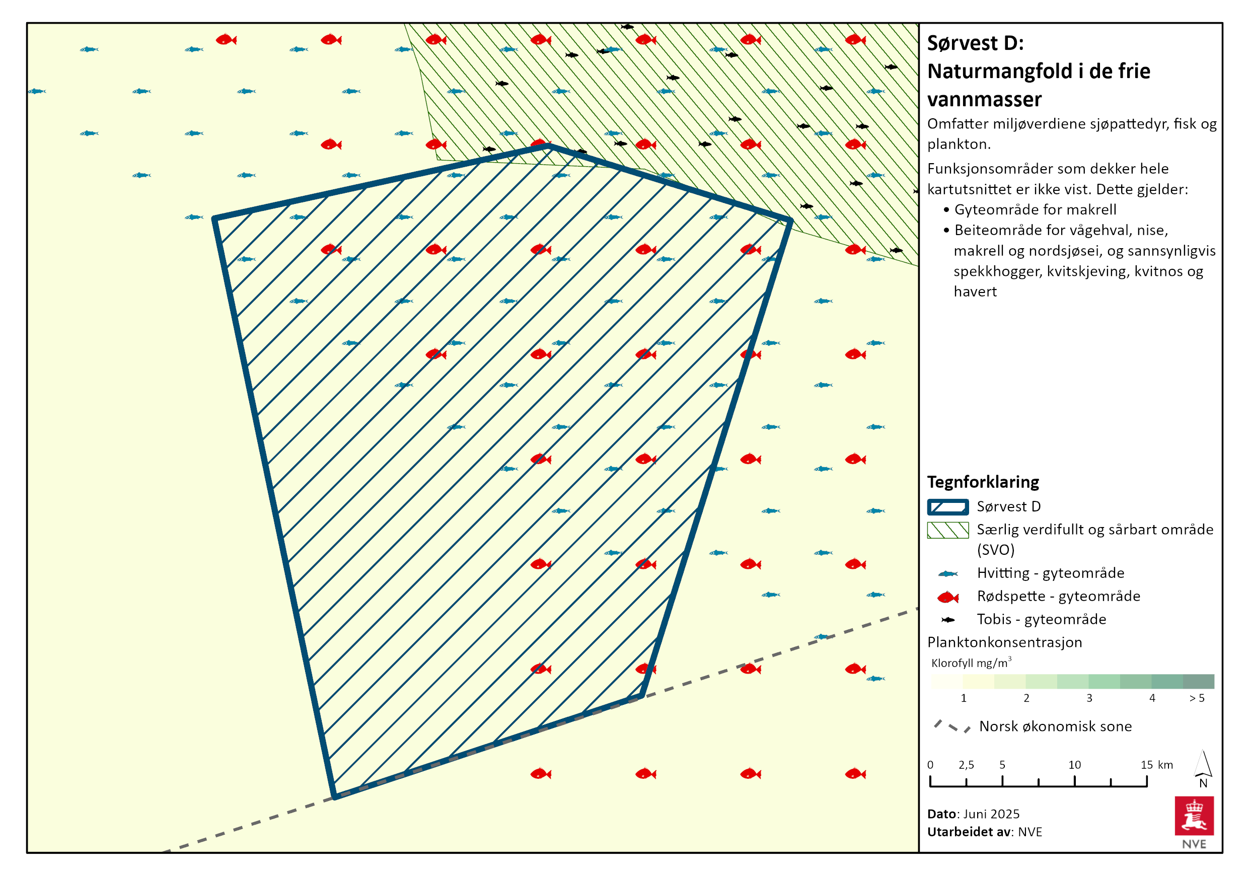 Naturmangfold i de frie vannmasser i Sørvest D. Se tegnforklaring for nærmere beskrivelse, og les mer i tekstene nedenfor.