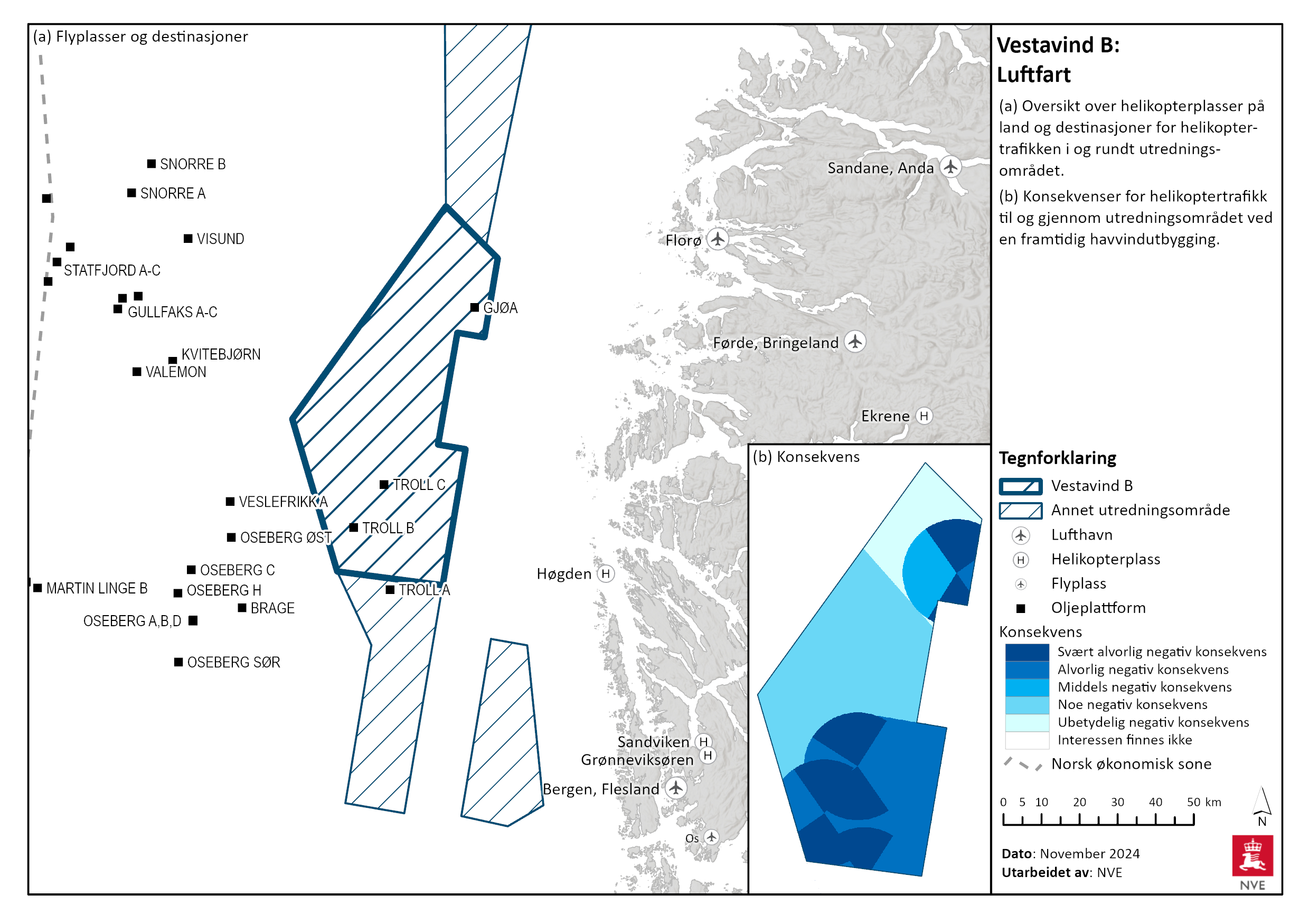 Oversikt over offshore-installasjoner i og rundt Vestavind B, og konsekvens av utbygging for helikoptertrafikken til og fra installasjonene.