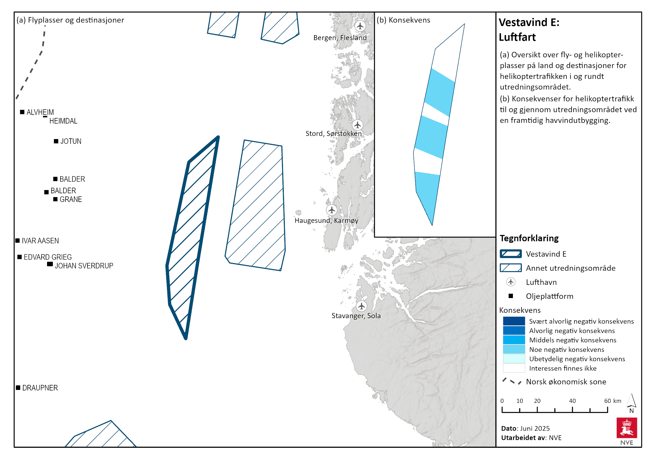 Oversikt over offshore-installasjoner rundt Vestavind E, og konsekvens av utbygging for helikoptertrafikken til og fra installasjonene.