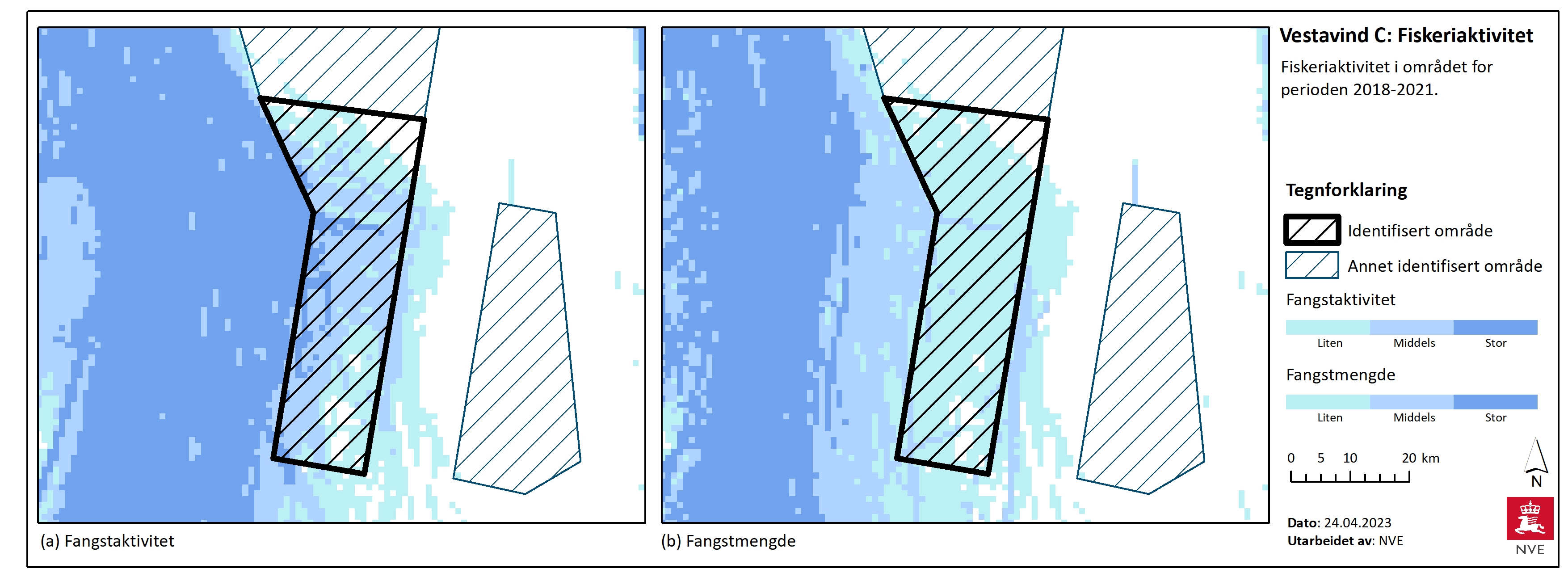 Kart til venstre viser fiskeriaktivitet, og kart til høyre fangstmengde i perioden 2018-2021