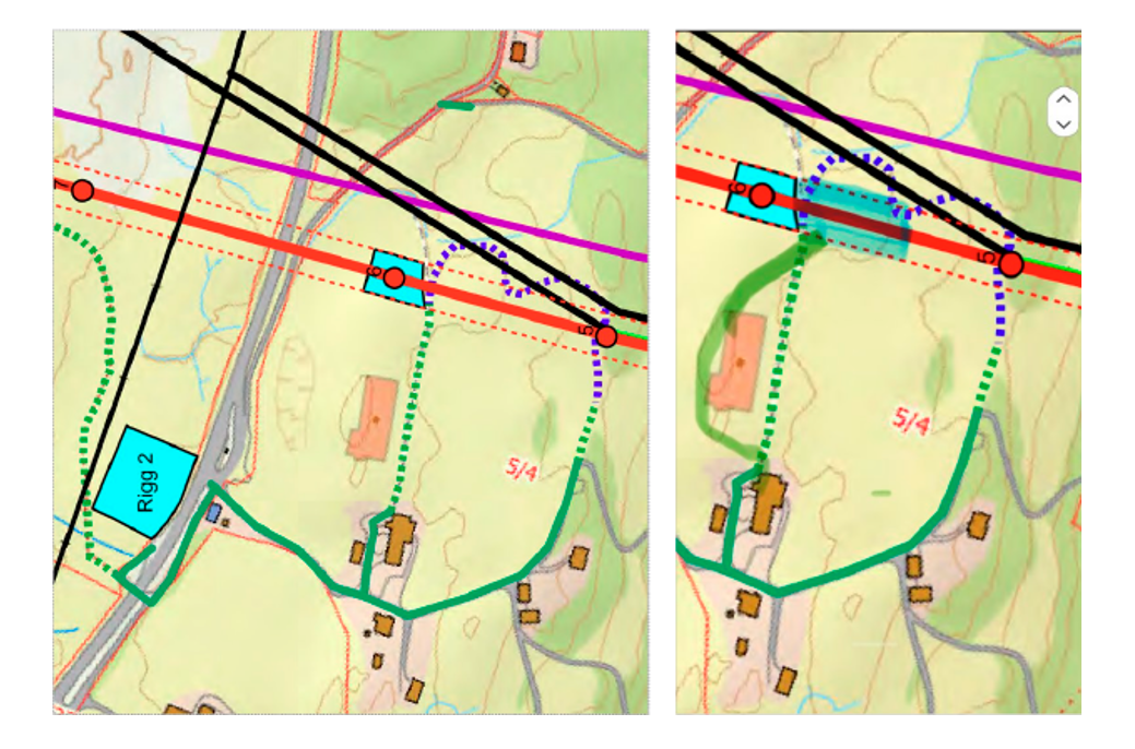 Bildet til venstre viser terrengkjørespor som var tegnet på det opprinnelige detaljplankartet, mens bildet til høyre viser nytt forslag til kjørespor og utvidelse av riggplass. Kilde: Fagne 25. juni 2024.