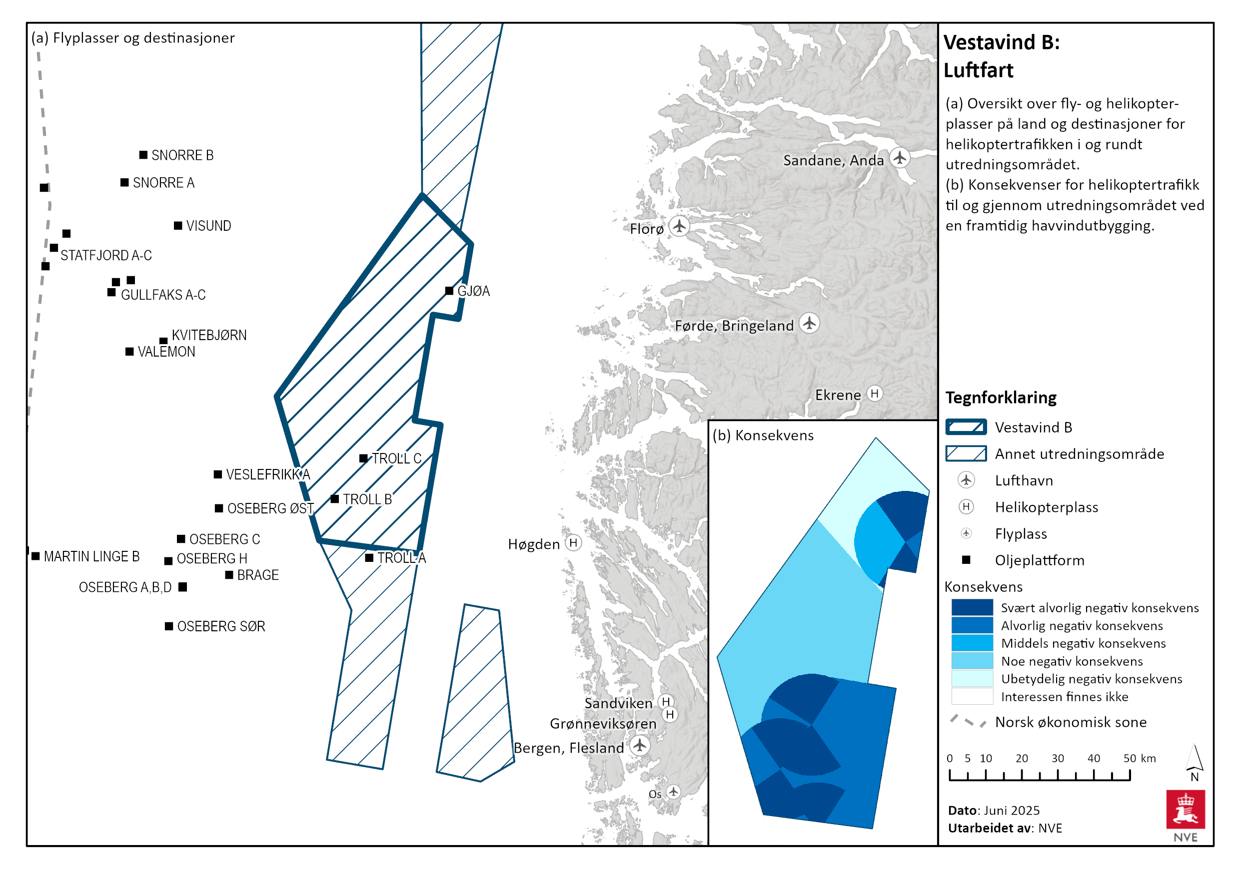 Oversikt over offshore-installasjoner i og rundt Vestavind B, og konsekvens av utbygging for helikoptertrafikken til og fra installasjonene.