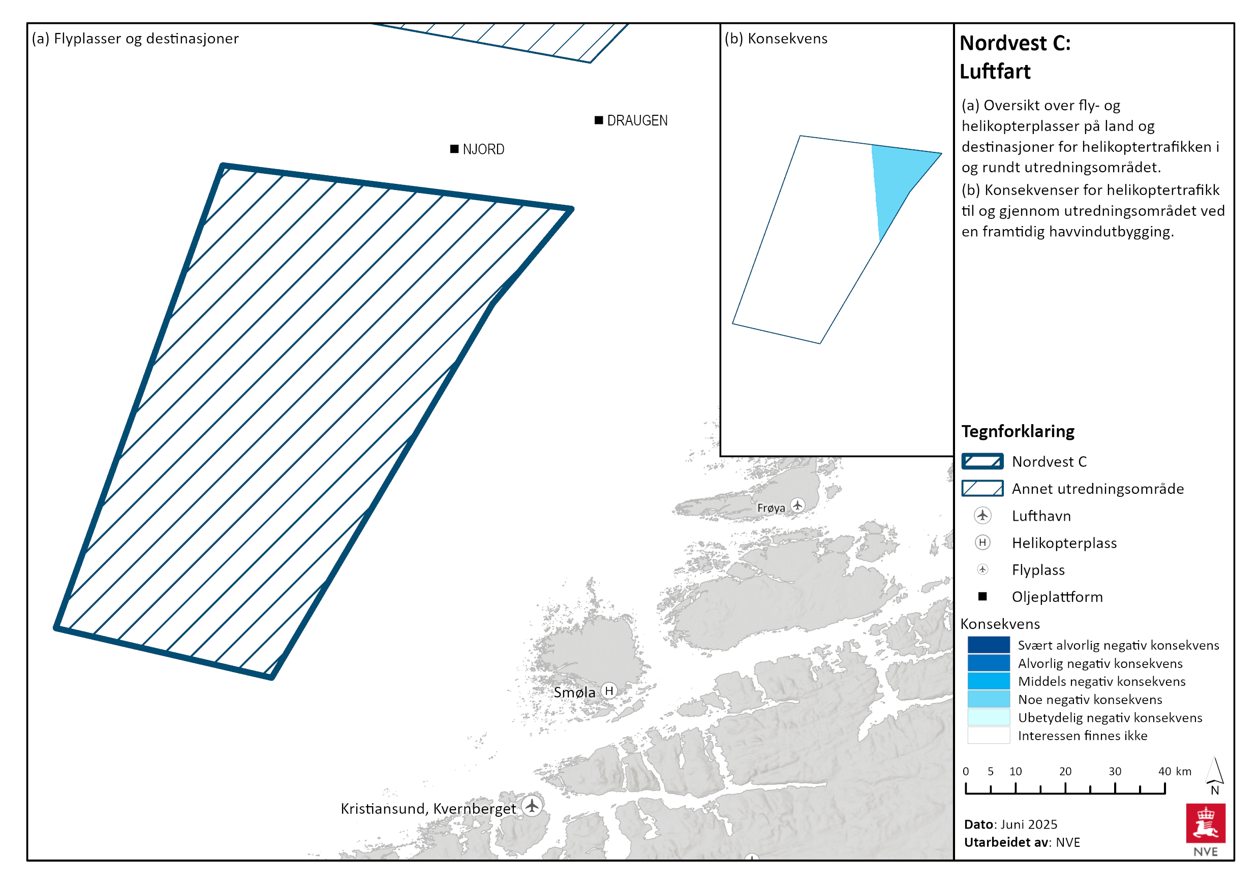 Oversikt over offshore-installasjoner i nærheten av Nordvest C, og konsekvens av utbygging for helikoptertrafikken til og fra installasjonene.