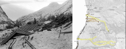 Bilde til venstre viser ødeleggelser etter et snøskred ved Vålvål i Lom i 1943. (Kilde: Vågå Historielag). Til høyre viser skredhendelser i Ullensvang registrert i databasen.