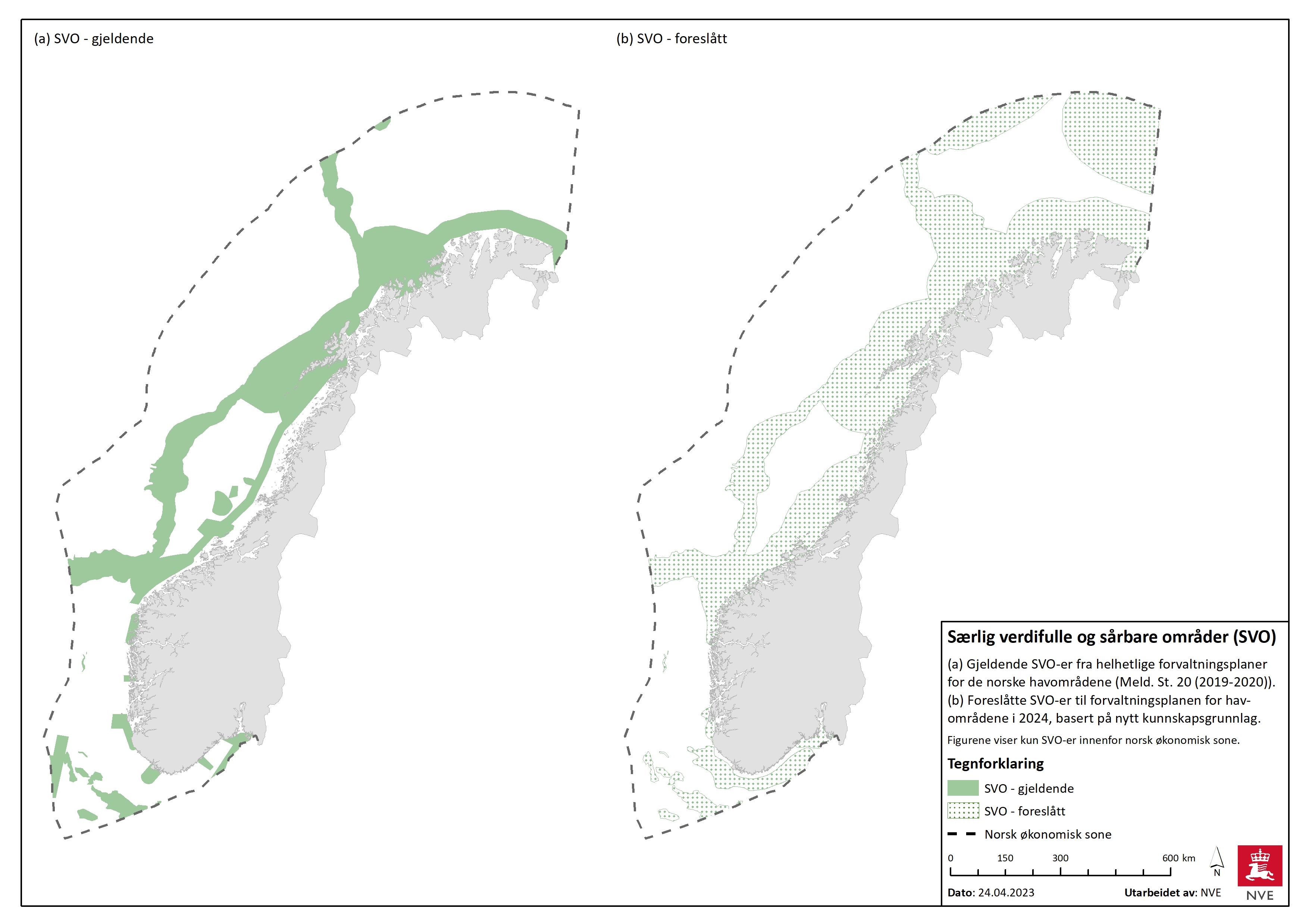 Figuren viser en oversikt med gjeldende SVO-områder fra Meld. St. 20 (2019-2020) til venstre og forslag til nye områder fra Miljøverdi-rapport 2021. Kilde: NVE.