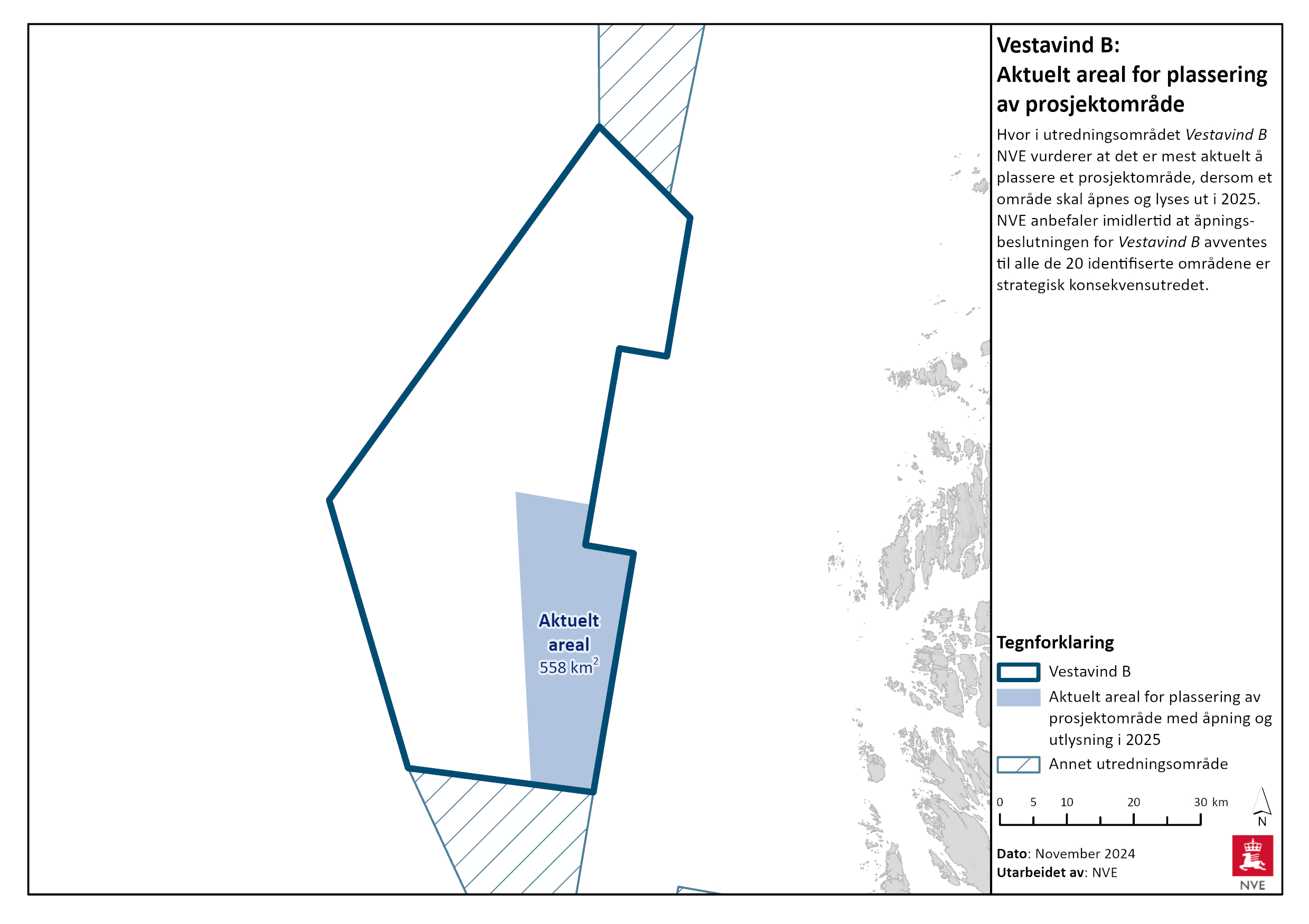 Kartet viser NVEs forslag for aktuelt areal for plassering av prosjektområde i Vestavind B.