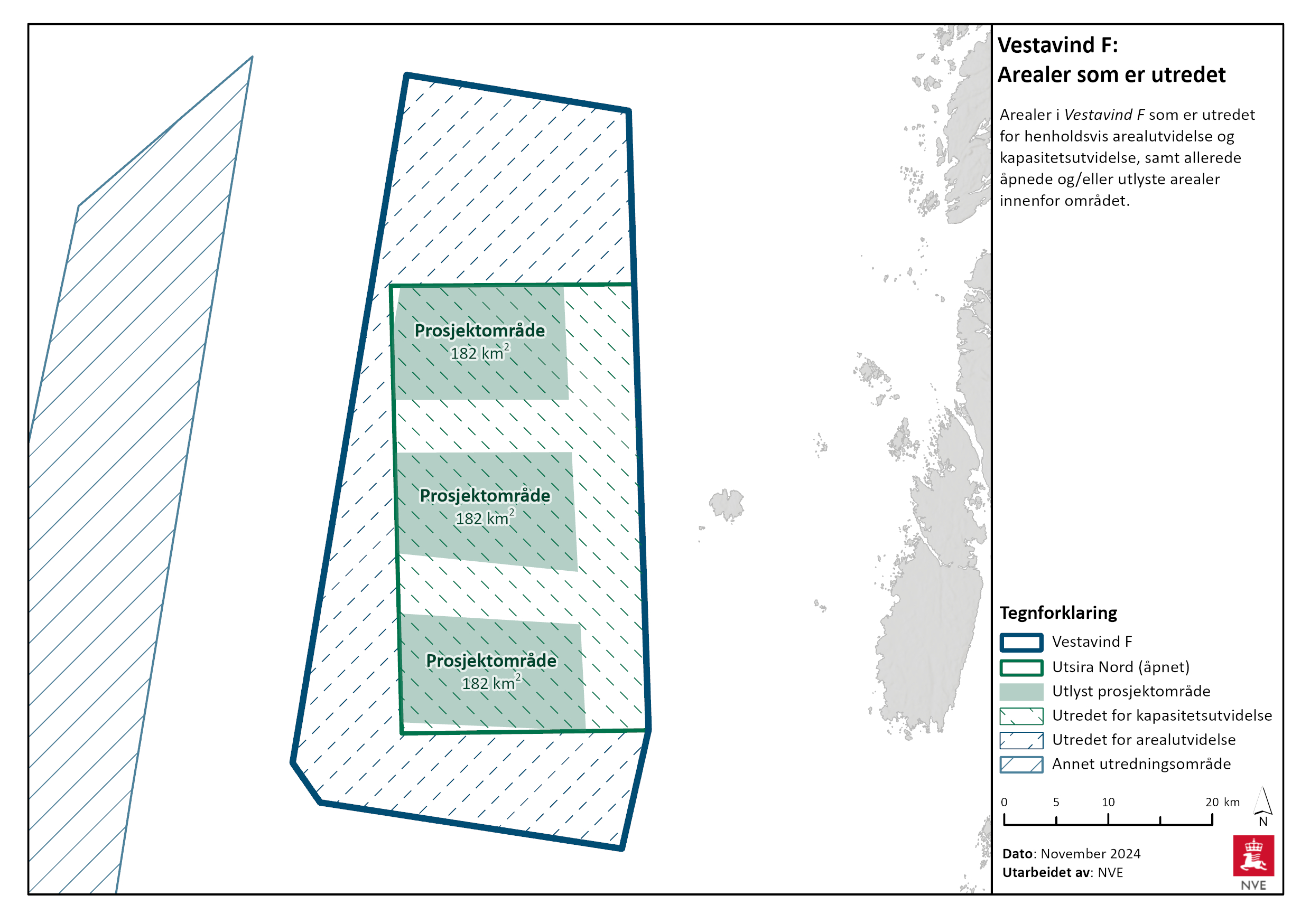 Arealer i Vestavind F som er utredet for henholdsvis arealutvidelse og kapasitetsutvidelse, samt arealer åpnede og/eller utlyste arealer innenfor området.