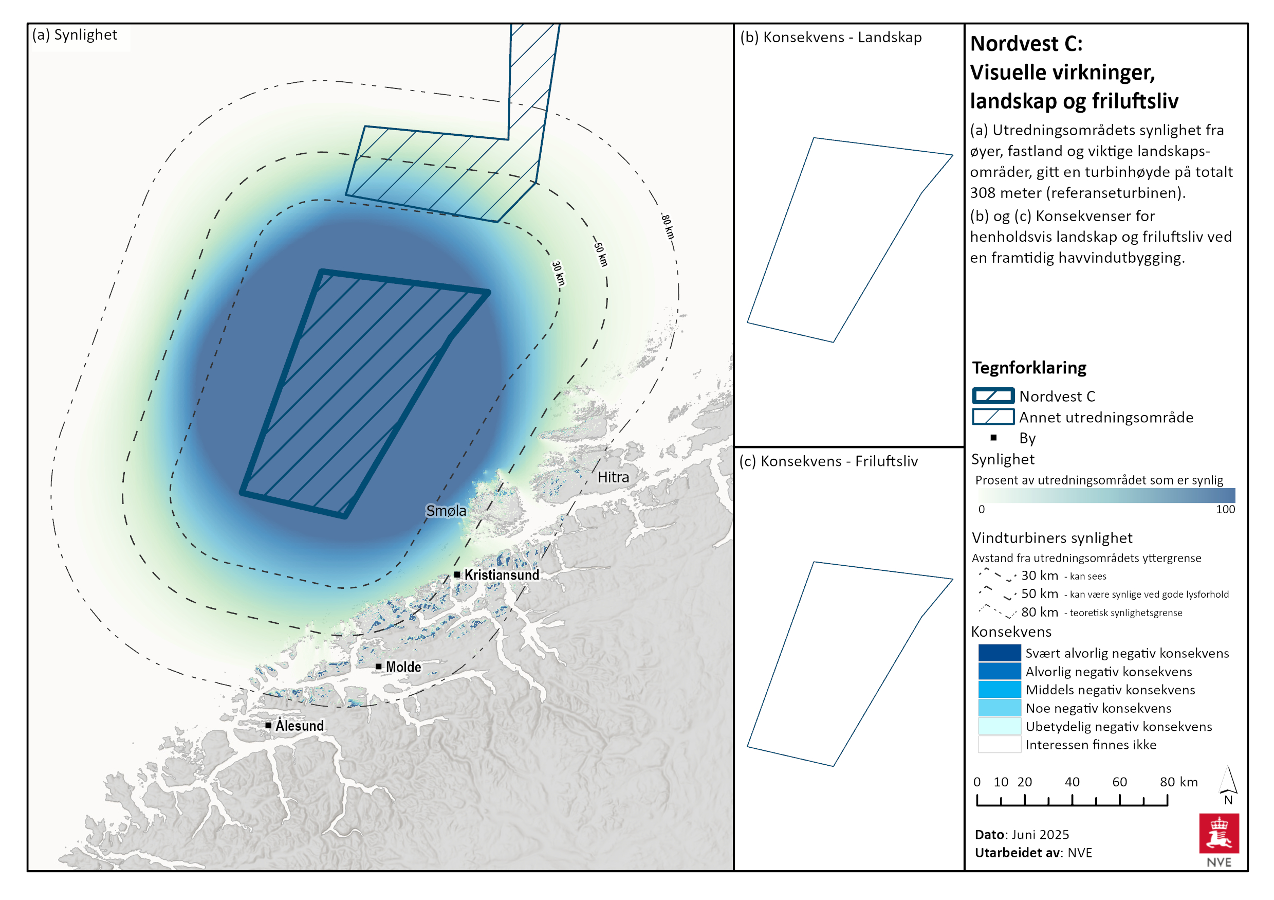 Synlighet ved havvindutbygging i Nordvest C fra øyer, fastland og viktige landskapsområder. Det er tatt utgangspunkt i en turbinhøyde på 308 meter (referanseturbin).