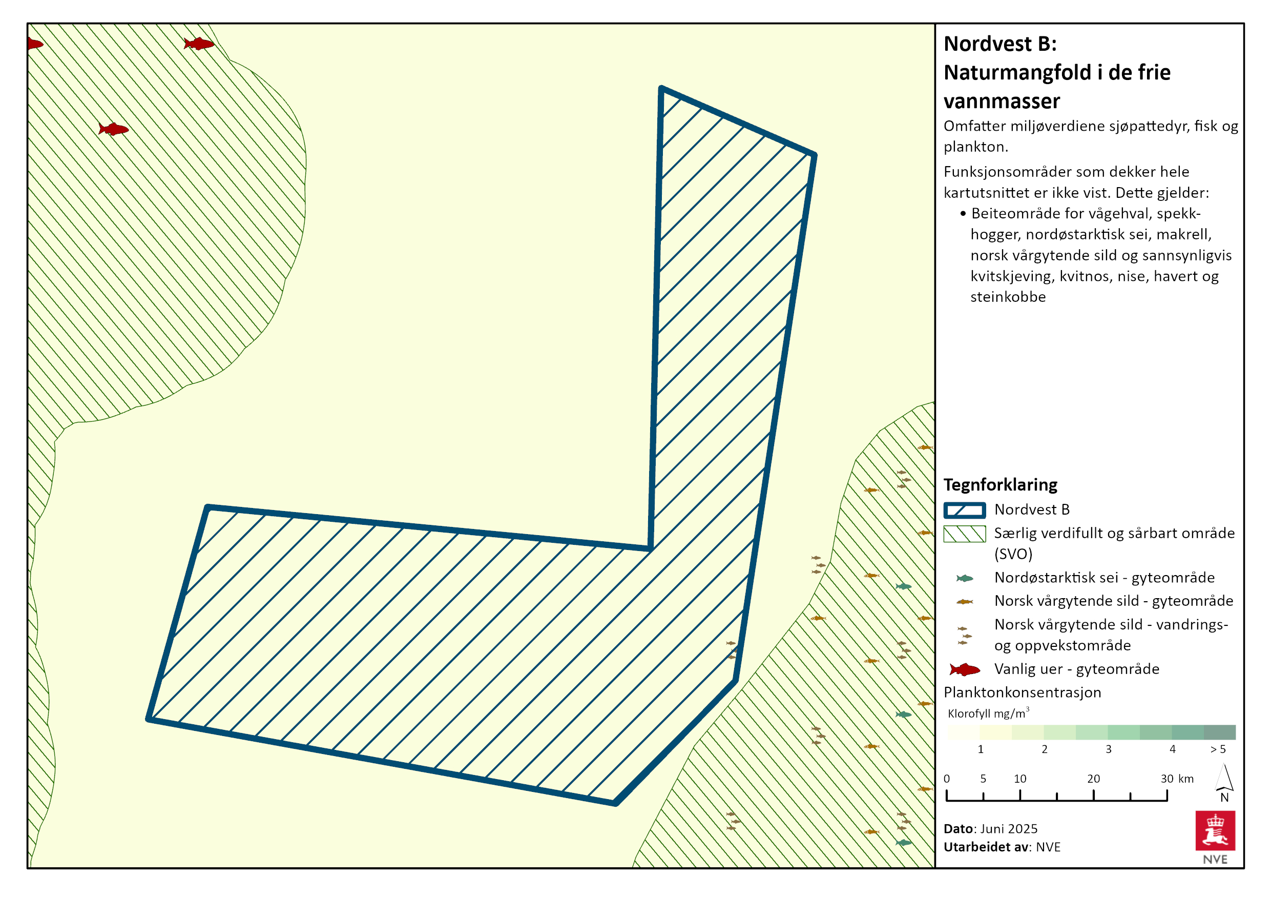 Naturmangfold i de frie vannmasser i Nordvest B. Se tegnforklaring for nærmere beskrivelse, og les mer i tekstene nedenfor.