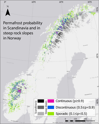 Kart over sannsynlig permafrostutbredelse i Skandinavia