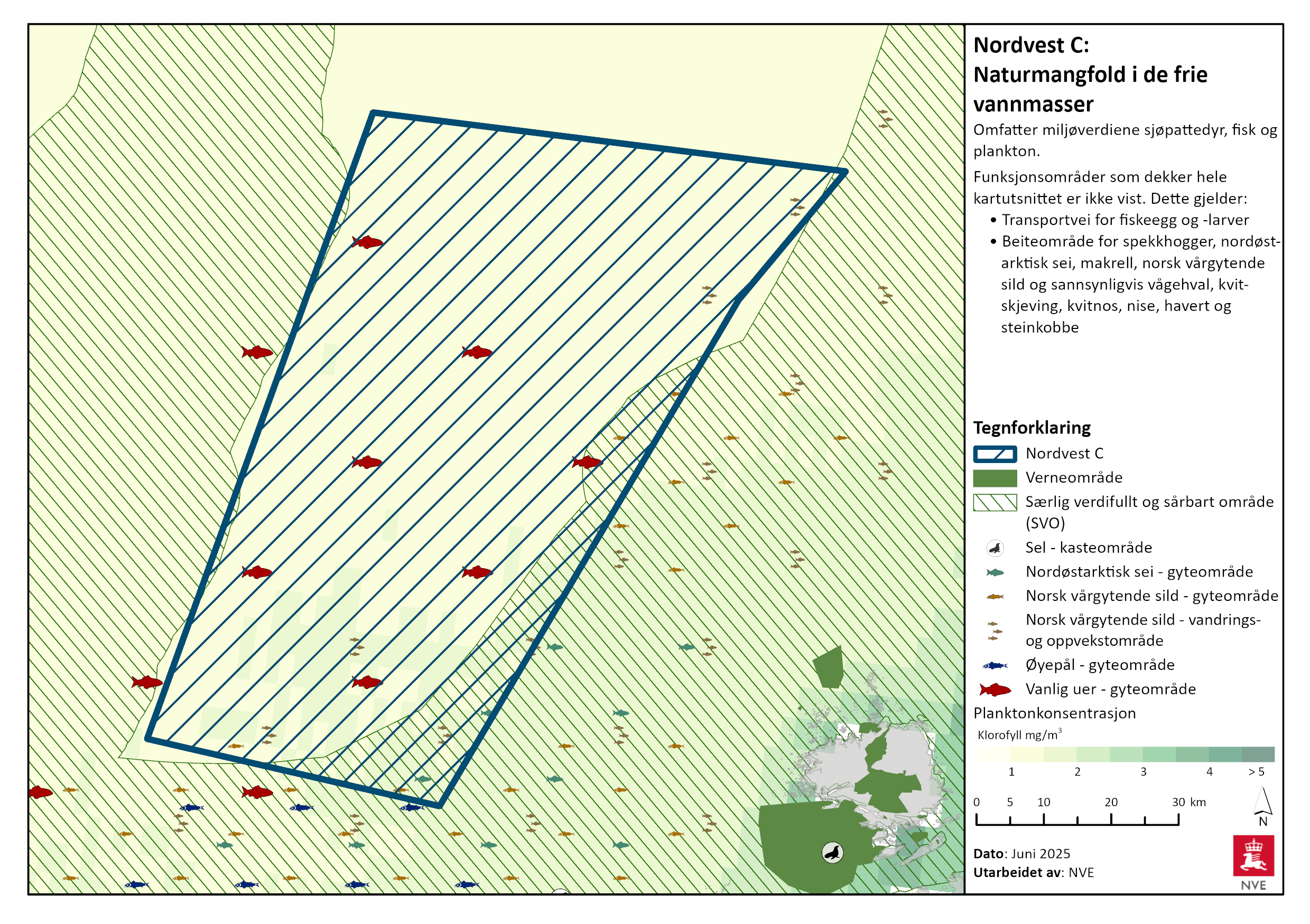 Naturmangfold i de frie vannmasser i Nordvest C. Se tegnforklaring for nærmere beskrivelse, og les mer i tekstene nedenfor.