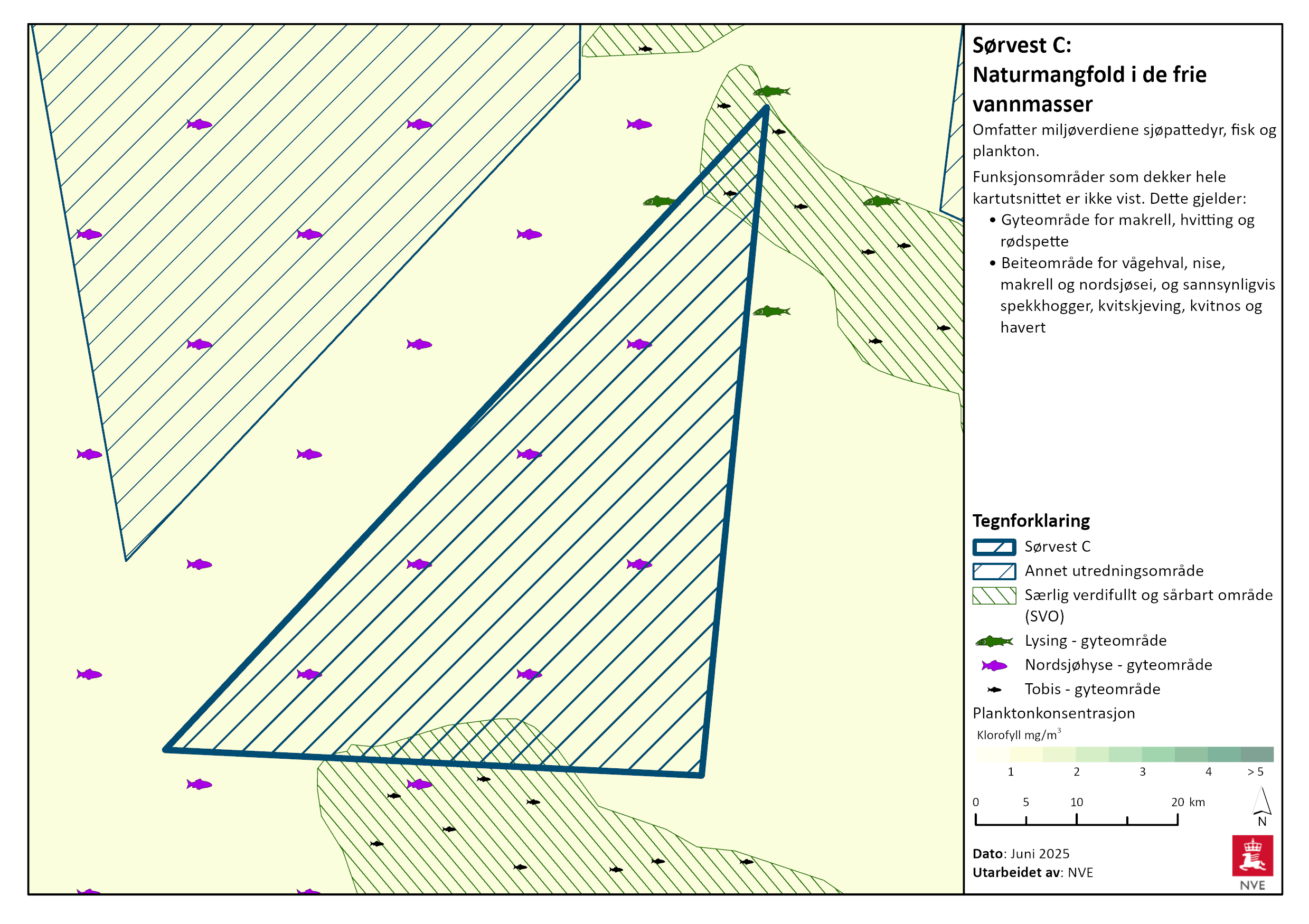Naturmangfold i de frie vannmasser i Sørvest C. Se tegnforklaring for nærmere beskrivelse, og les mer i tekstene nedenfor.
