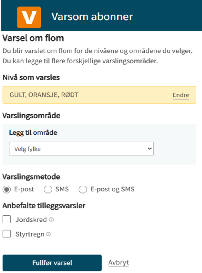 Slik velger du å abonnere på flomvarsler på abonner.varsom.no