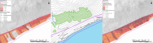 Bildet til venstre viser faresoner der den farereduserende effekten av skogen (bildet i midten) er tatt med. Bildet til høyre viser faresonene dersom denne skogen skulle forsvinne (fra skredfarekartlegging for Jølster kommune).