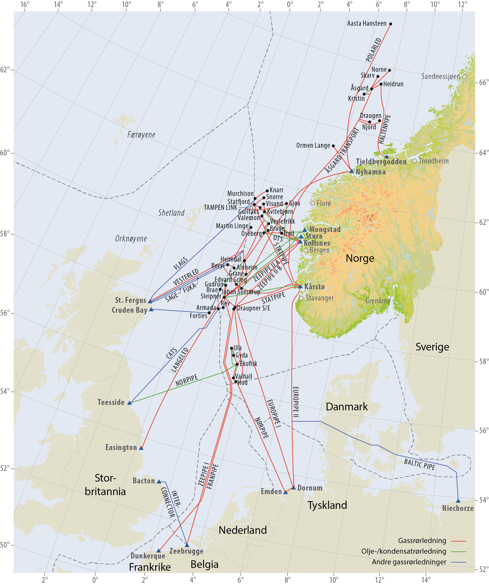 Kartet viser rørledninger på norsk sokkel. Kilde: Oljedirektoratet