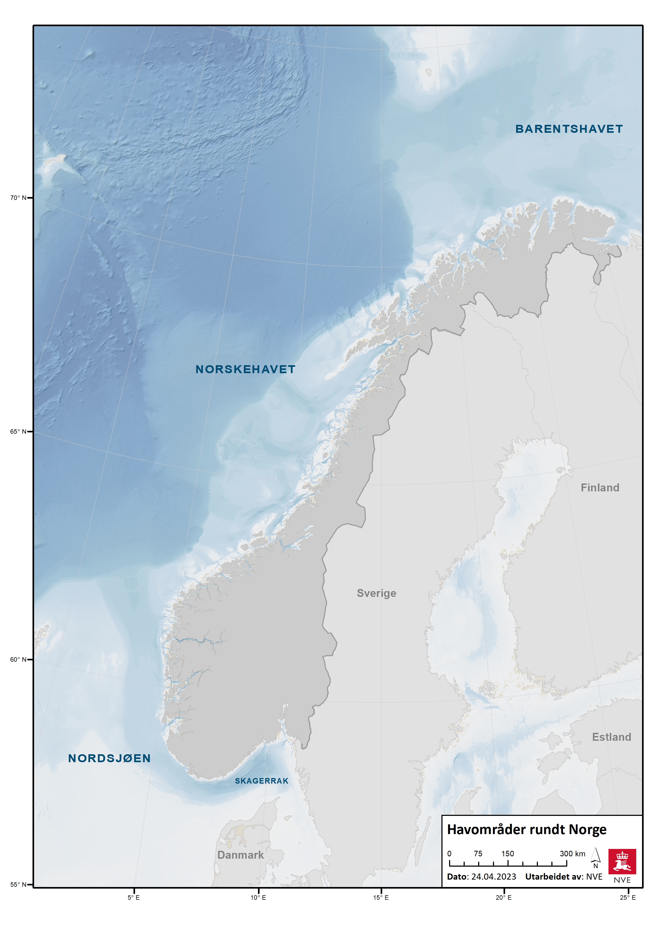 Kart over de norske havområdene: Barentshavet, Norskehavet og Nordsjøen.