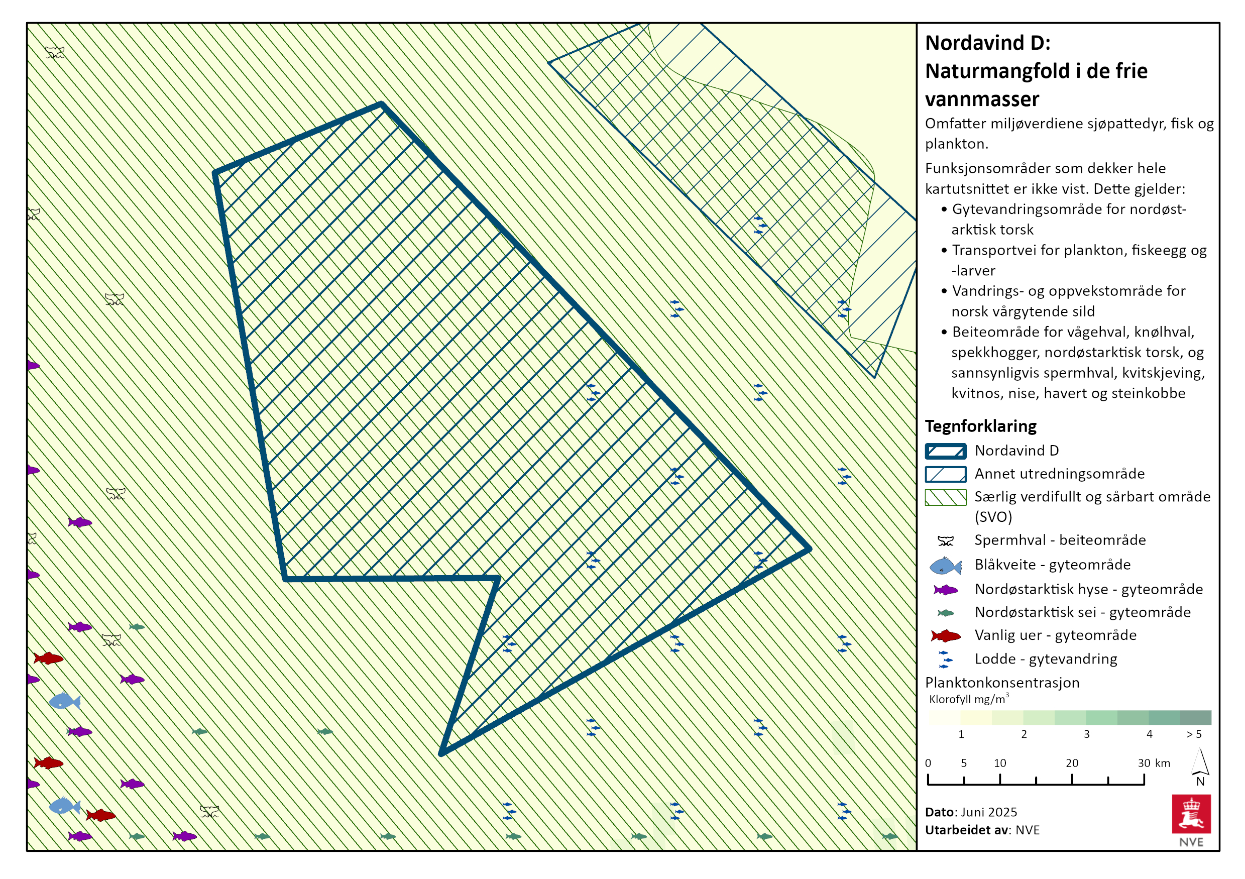 Naturmangfold i de frie vannmasser i Nordavind D. Se tegnforklaring for nærmere beskrivelse, og les mer i tekstene nedenfor.