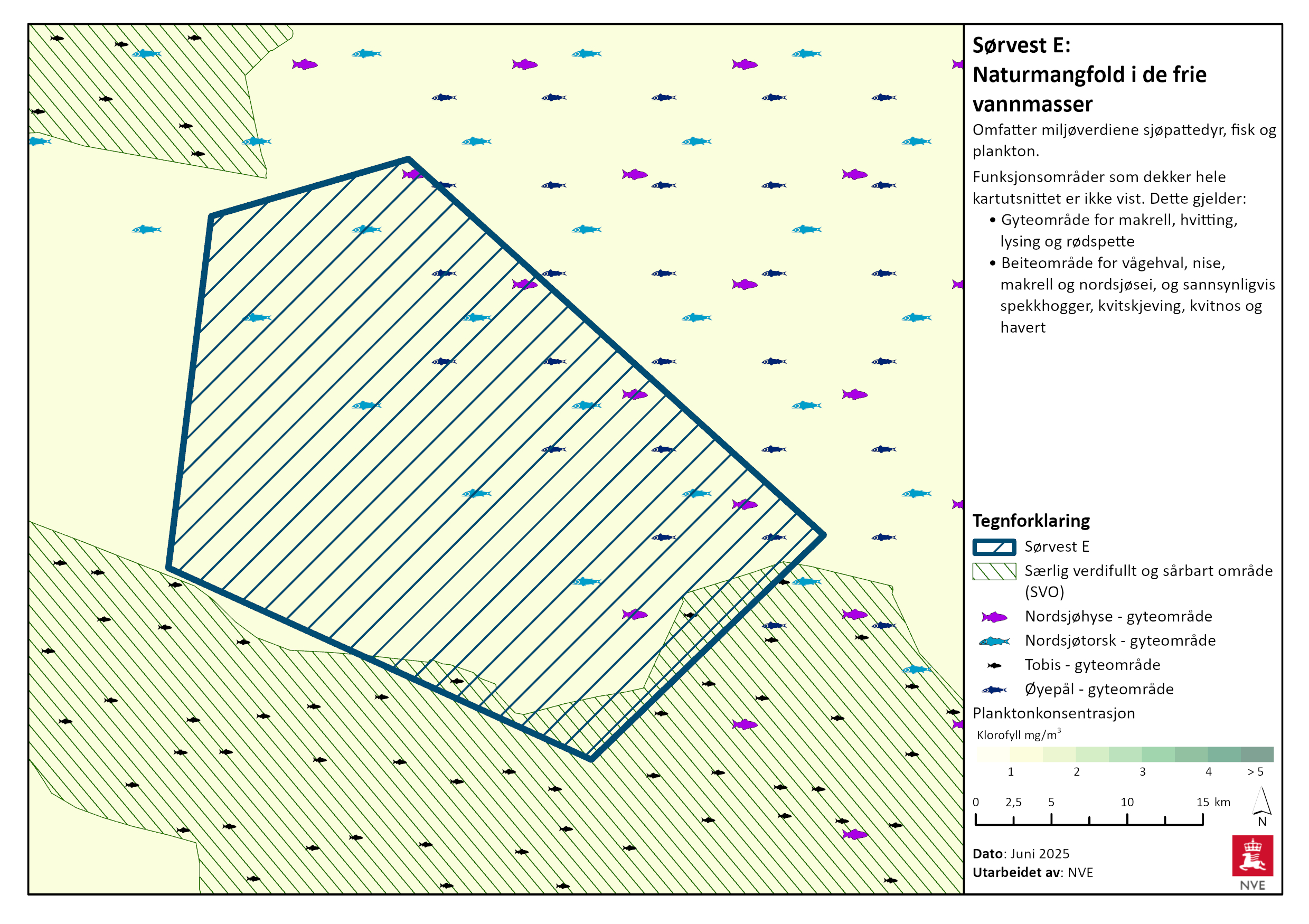 Naturmangfold i de frie vannmasser i Sørvest E. Se tegnforklaring for nærmere beskrivelse, og les mer i tekstene nedenfor.