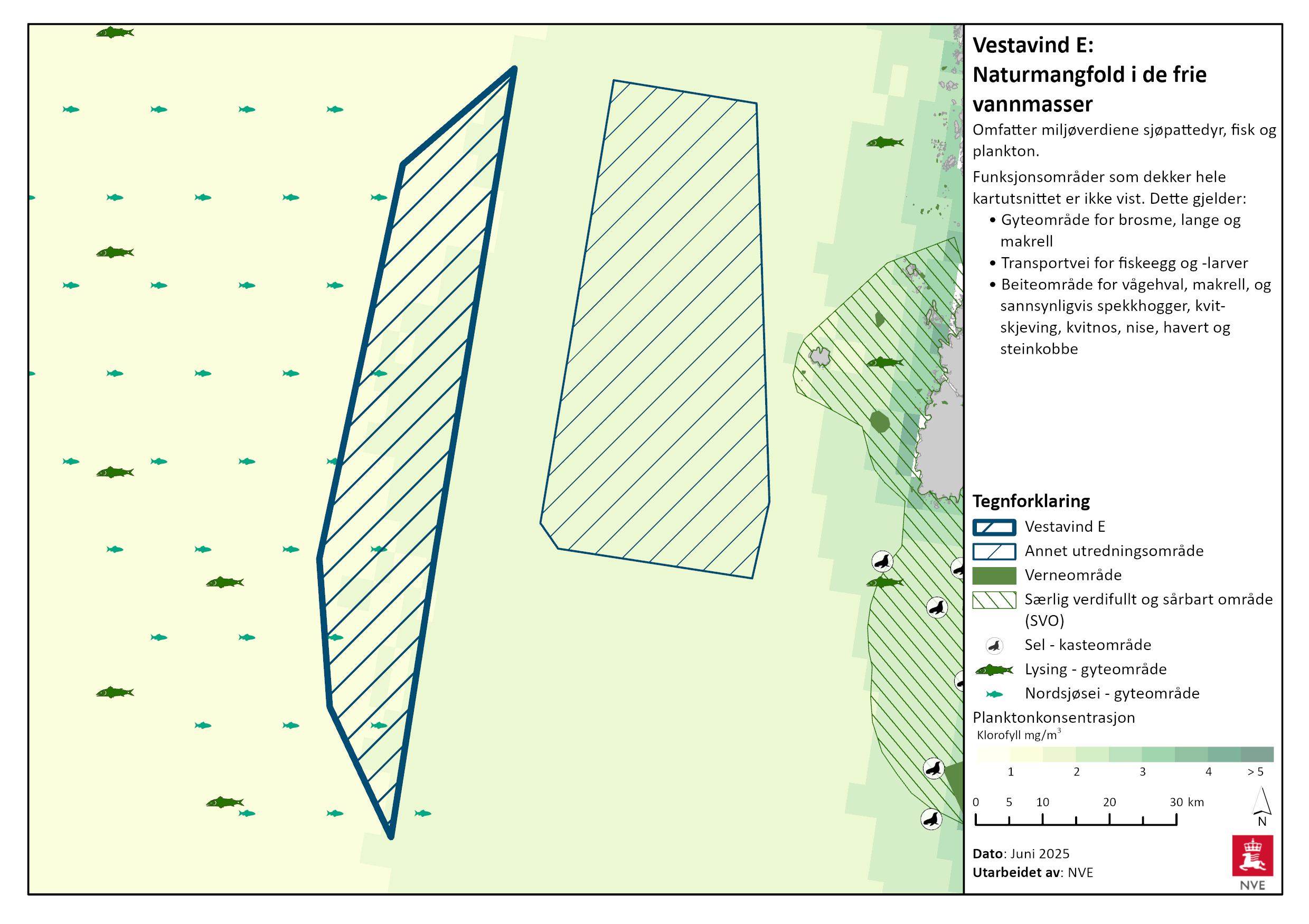 Naturmangfold i de frie vannmasser i Vestavind E. Se tegnforklaring for nærmere beskrivelse, og les mer i tekstene nedenfor.