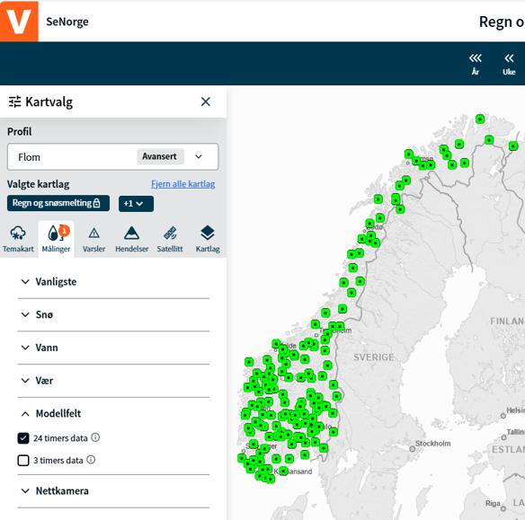 Skjermdump fra SeNorge som viser hvilke målestasjoner det finnes flomprognoser for.