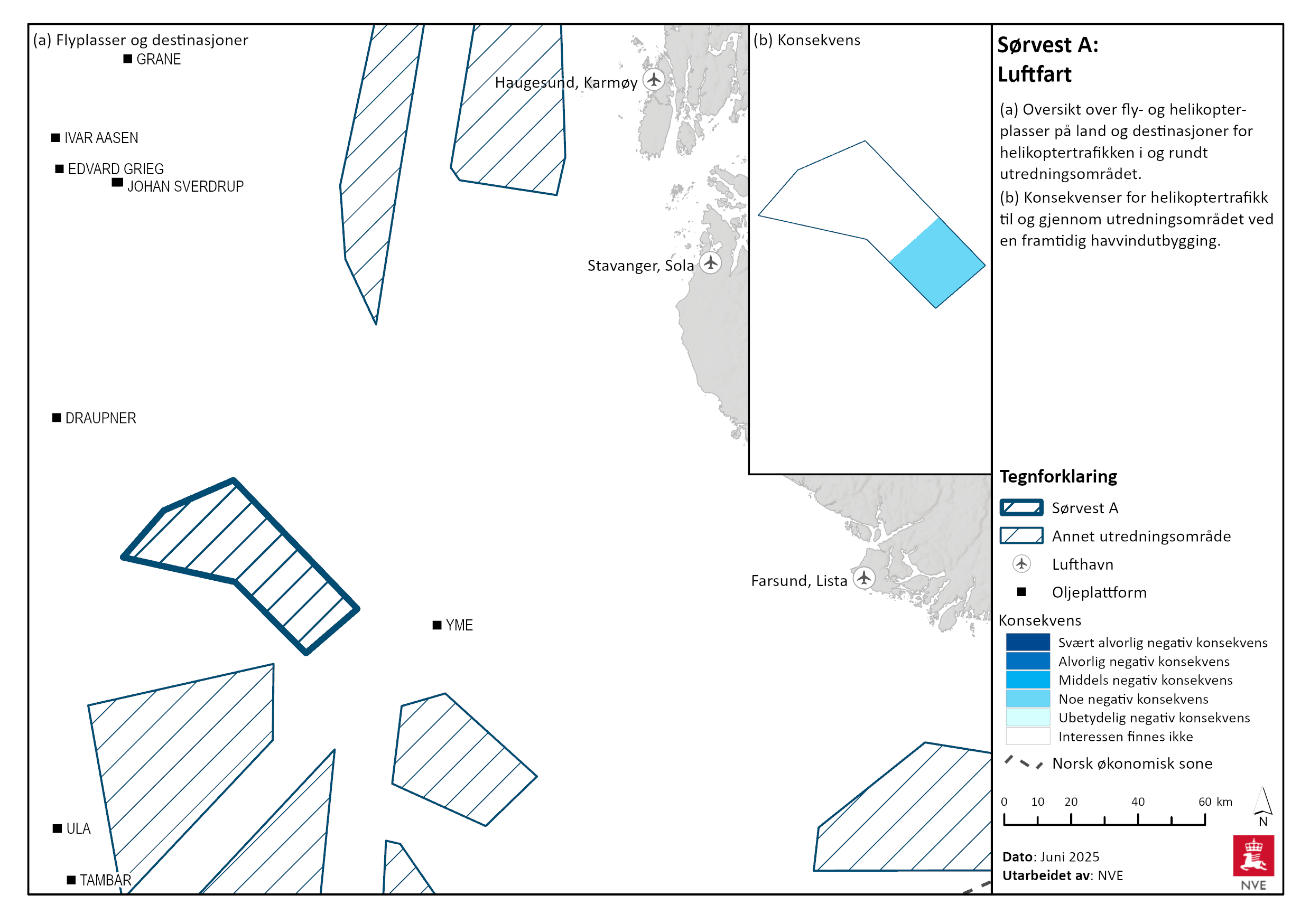Oversikt over offshore-installasjoner i nærheten av Sørvest A, og konsekvens av utbygging for helikoptertrafikken til og fra installasjonene.