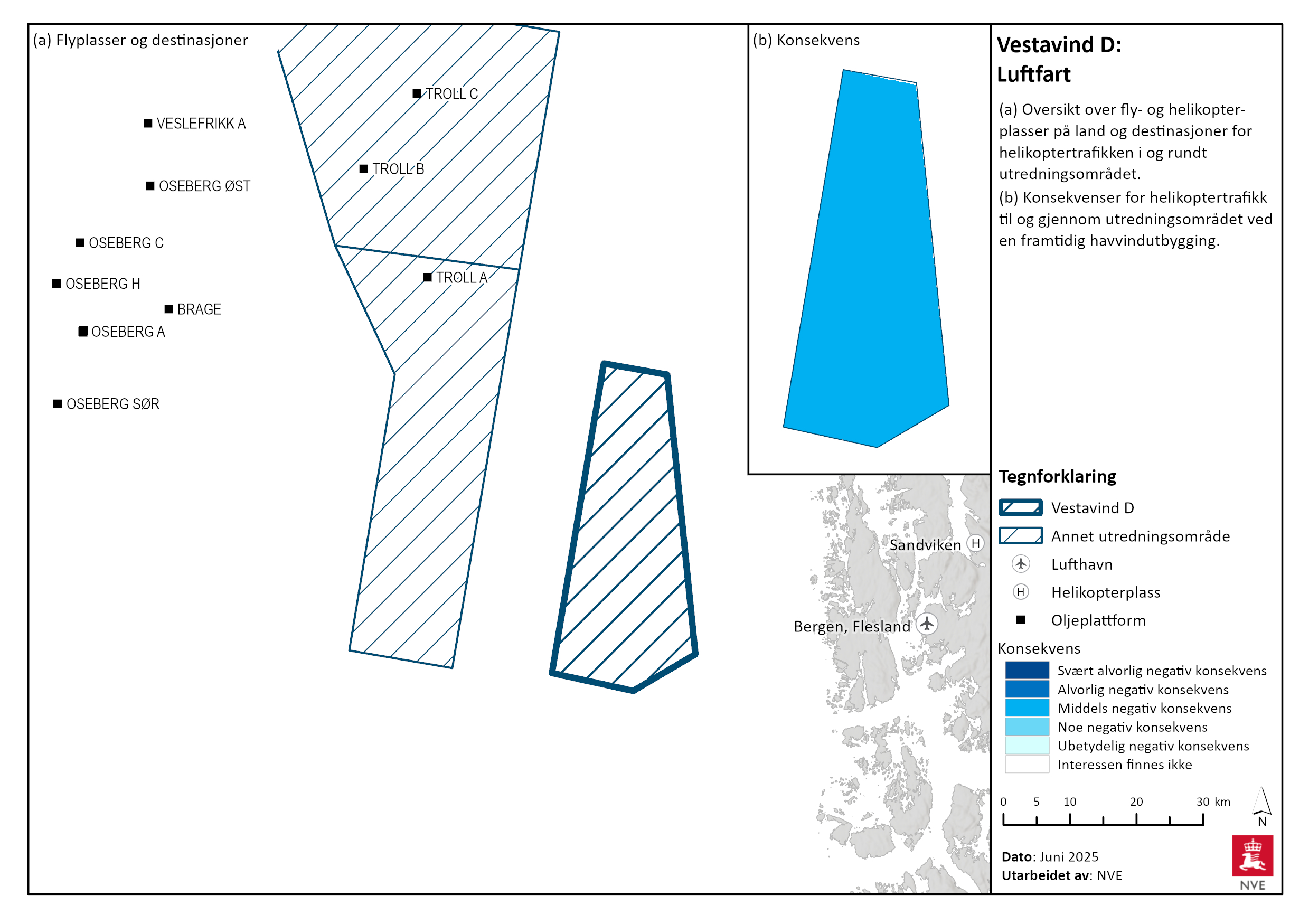 Oversikt over offshore-installasjoner i nærheten av Vestavind D, og konsekvens av utbygging for helikoptertrafikken til og fra installasjonene.