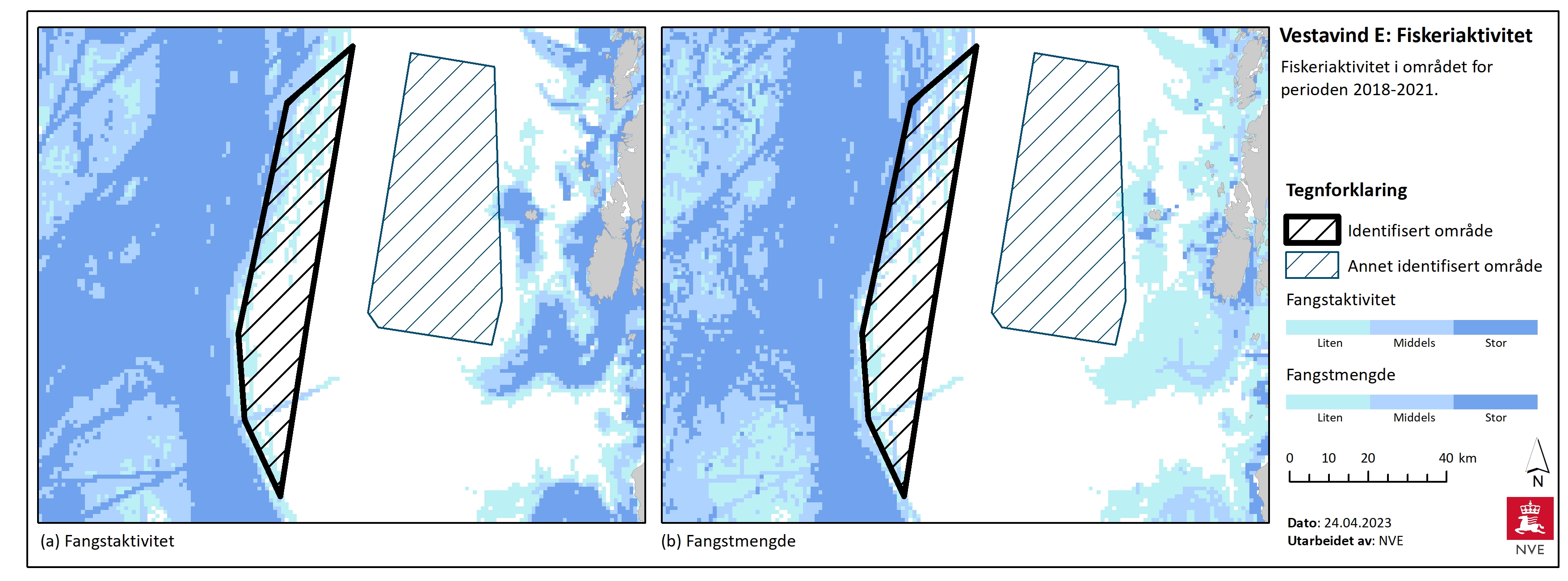 Kart til venstre viser fiskeriaktivitet, og kart til høyre fangstmengde i perioden 2018-2021