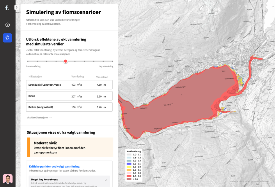 Eksempel på visning av simuleringsmodus som er testet på enkelte kommuner i NVEs forskningsprosjektet FlomRisk