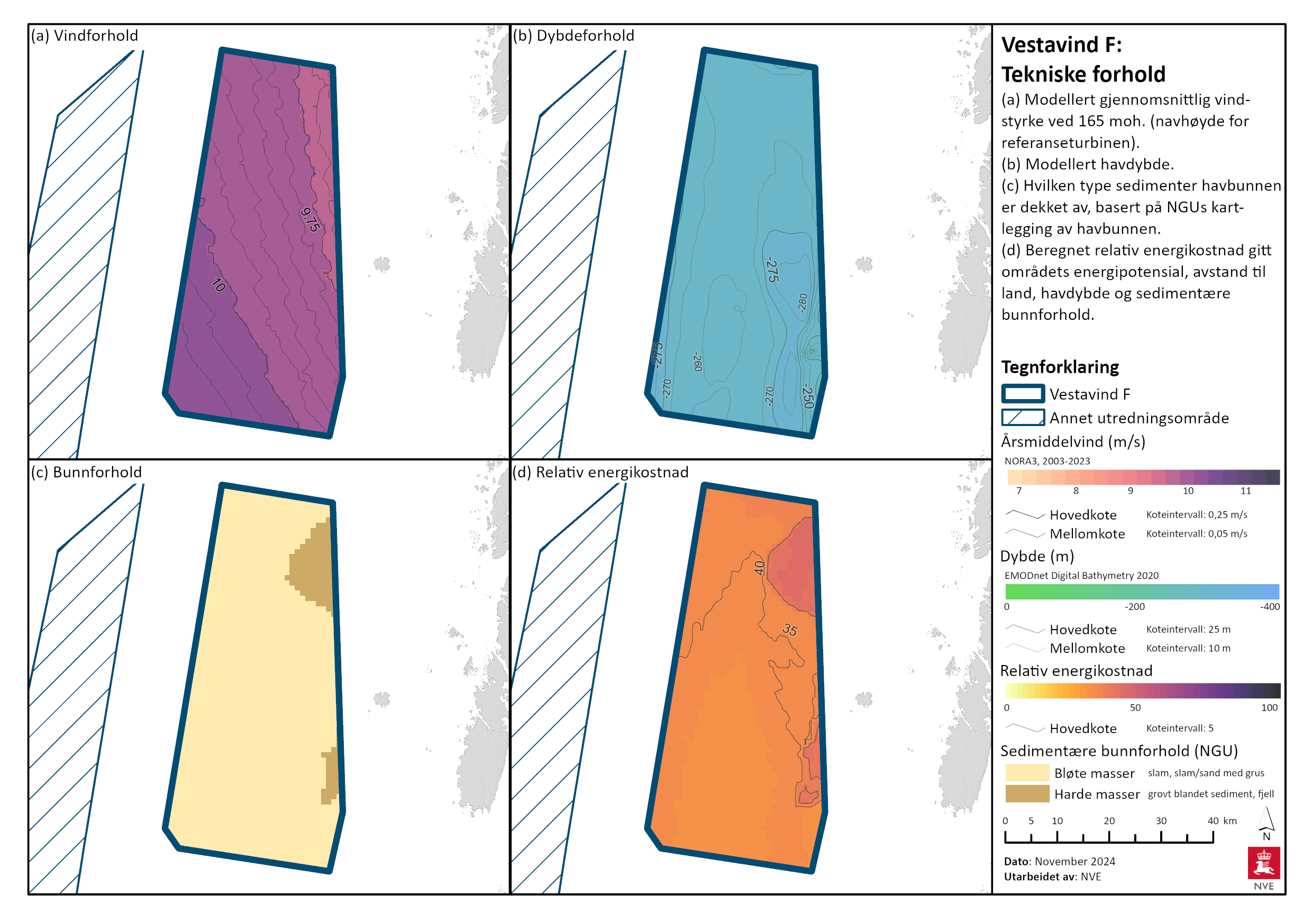 Kartene over viser dybden, vindressursen, bunnforholdene og fordelingen av energikostnader for Vestavind F.