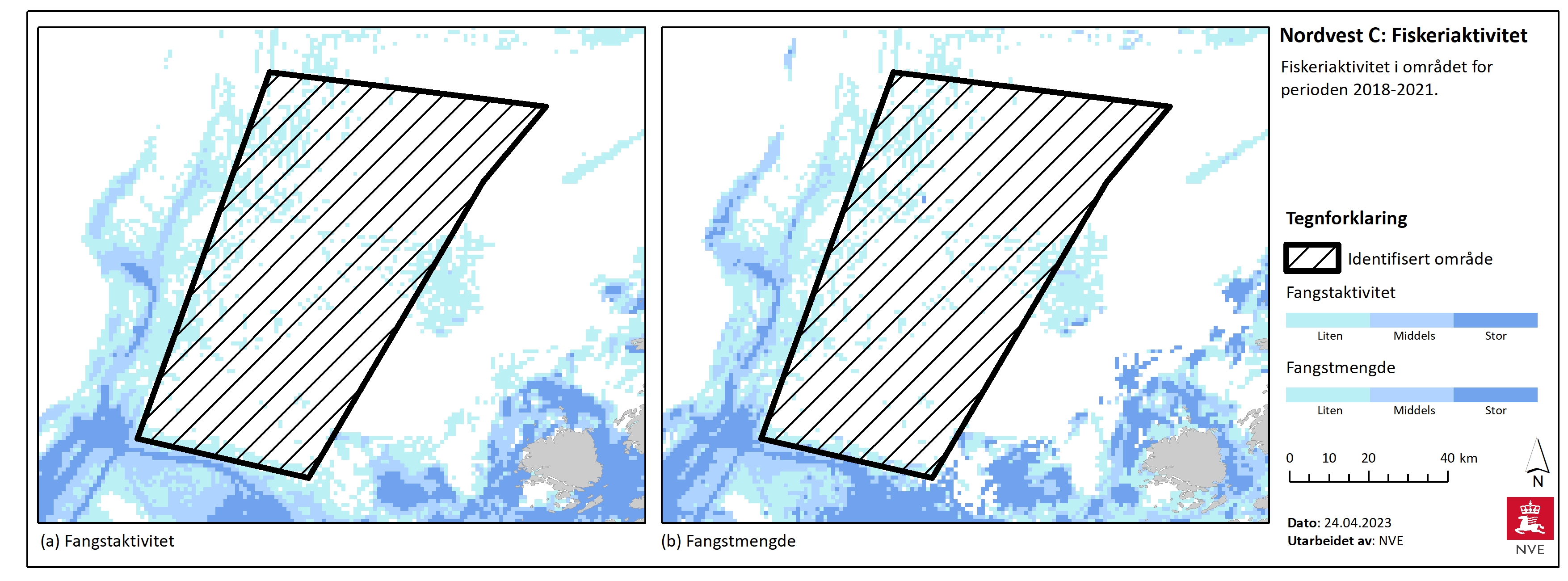 Kart til venstre viser fiskeriaktivitet, og kart til høyre fangstmengde i perioden 2018-2021-
