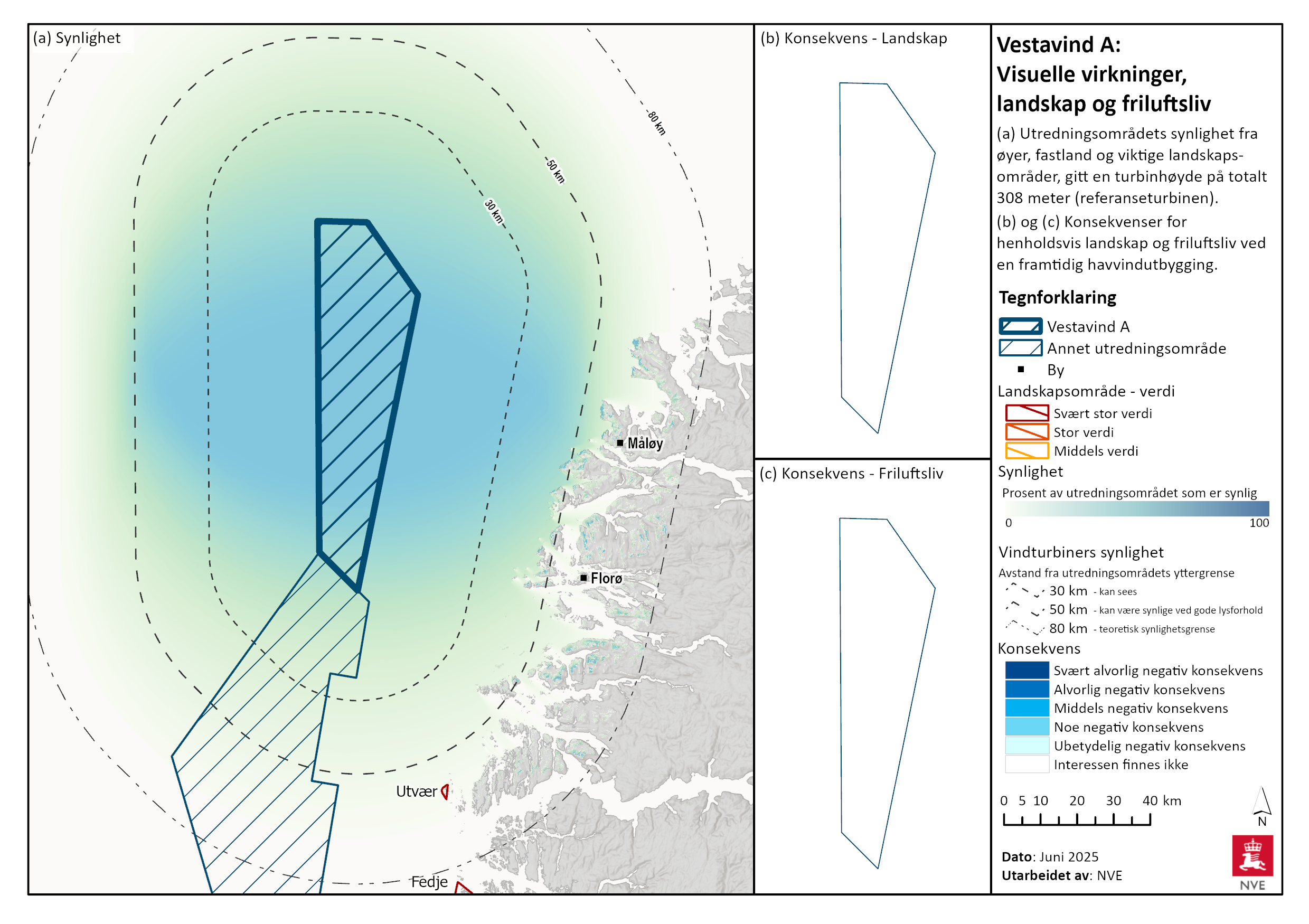 Synlighet ved havvindutbygging i Vestavind A fra øyer, fastland og viktige landskapsområder. Det er tatt utgangspunkt i en turbinhøyde på 308 meter (referanseturbin).