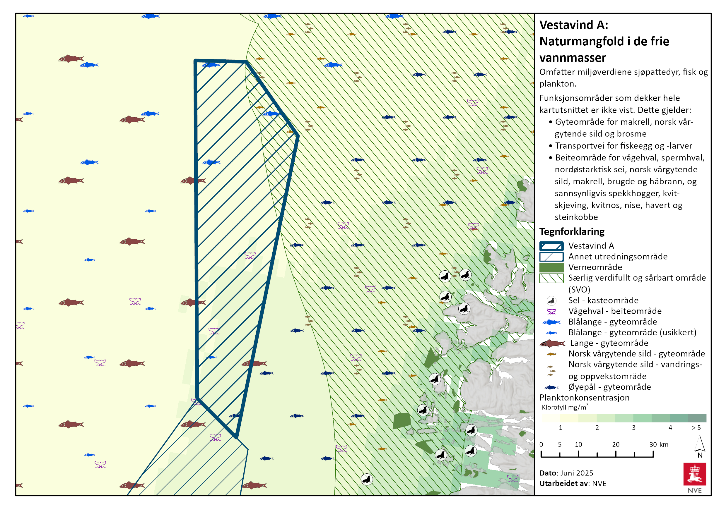 Naturmangfold i de frie vannmasser i Vestavind A. Se tegnforklaring for nærmere beskrivelse, og les mer i tekstene nedenfor.