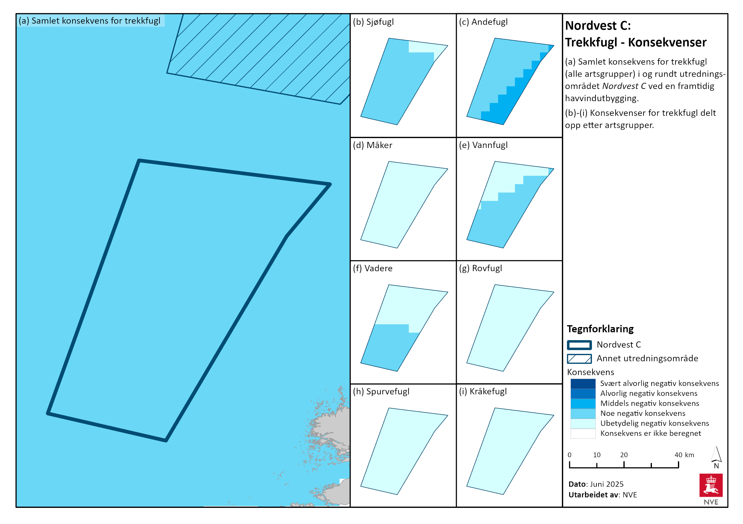 Konsekvens for trekkfugl i Nordvest C. Se tegnforklaring for nærmere beskrivelse, og les mer i tekstene ovenfor.