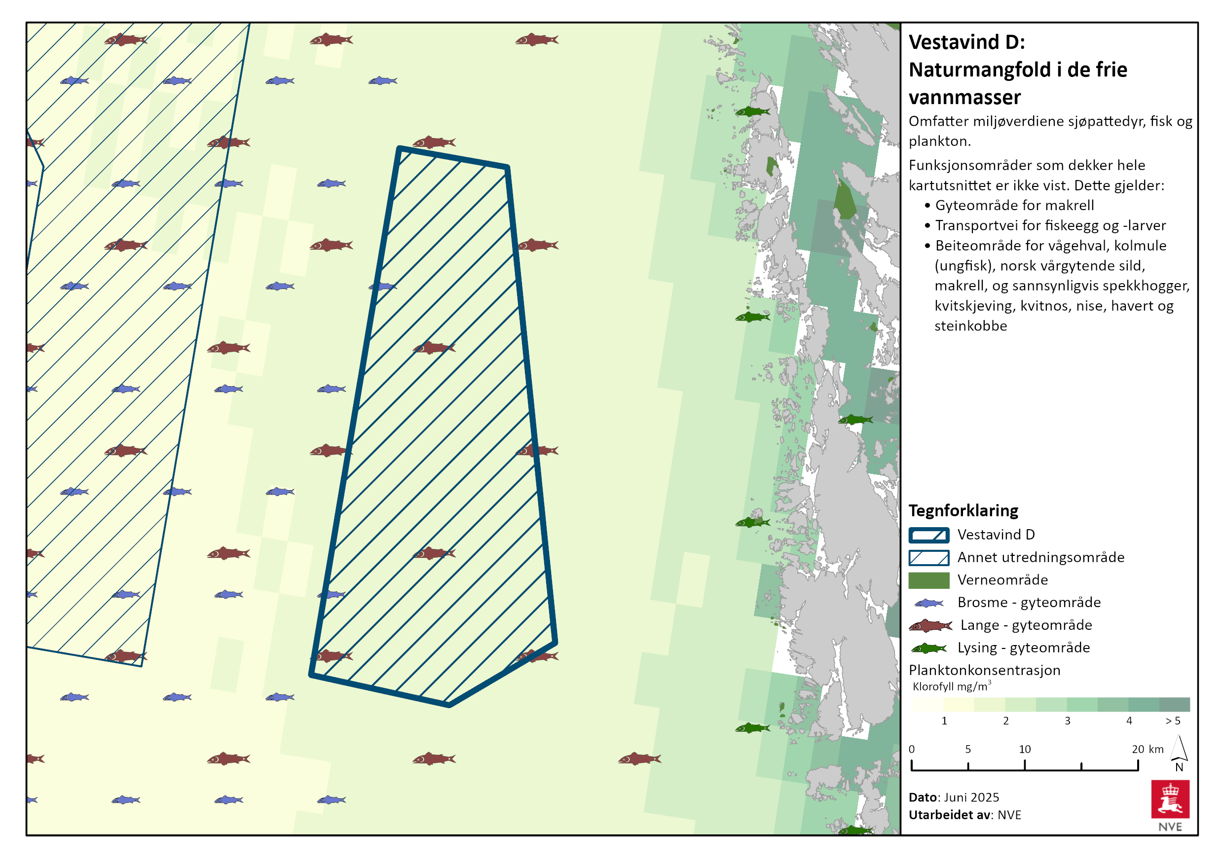 Naturmangfold i de frie vannmasser i Vestavind D. Se tegnforklaring for nærmere beskrivelse, og les mer i tekstene nedenfor.
