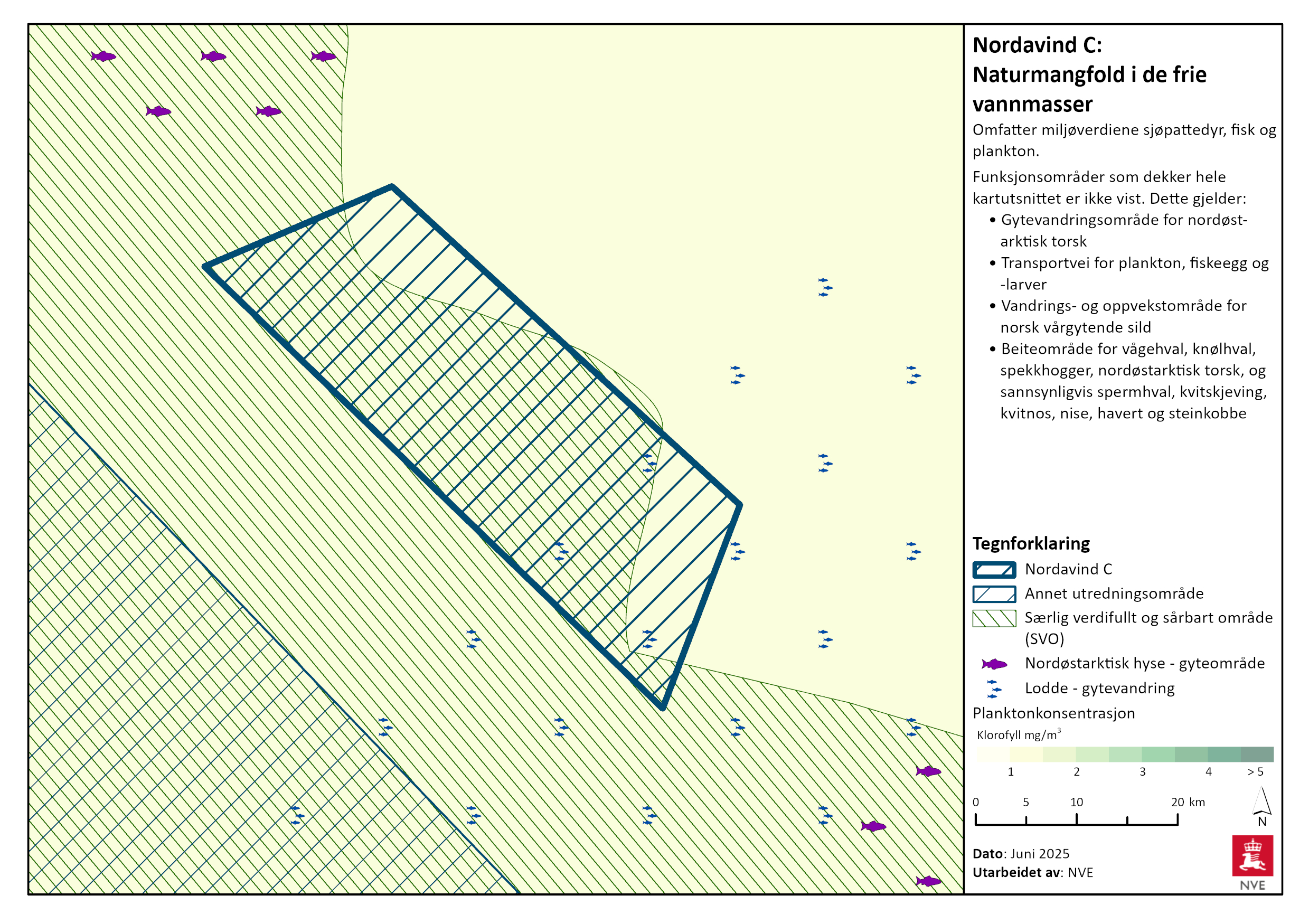 Naturmangfold i de frie vannmasser i Nordavind C. Se tegnforklaring for nærmere beskrivelse, og les mer i tekstene nedenfor.