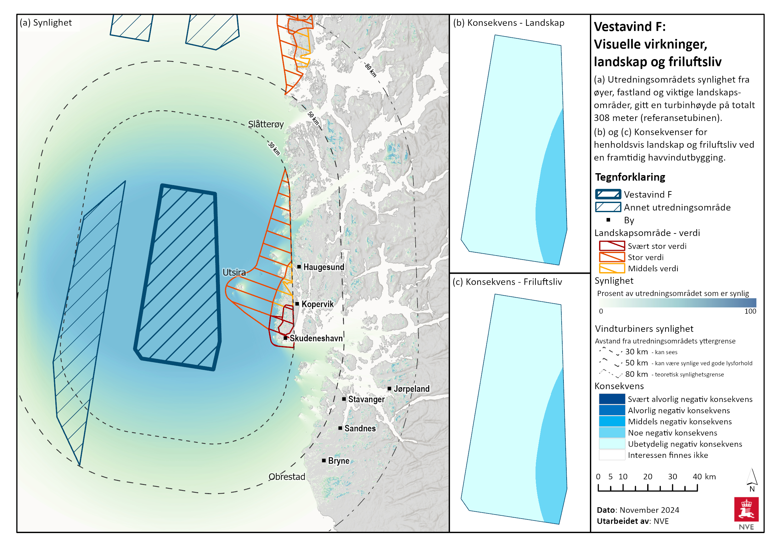 Synlighet ved havvindutbygging i Vestavind F fra øyer, fastland og viktige landskapsområder. Det er tatt utgangspunkt i en turbinhøyde på 308 meter (referanseturbin).