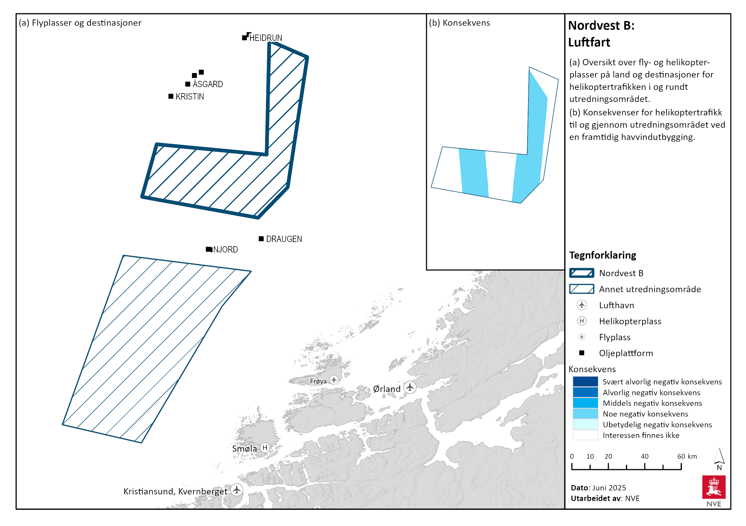 Oversikt over offshore-installasjoner i og rundt Nordvest B, og konsekvens av utbygging for helikoptertrafikken til og fra installasjonene.