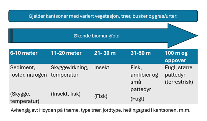 Hvor bred kantsonen må være for å ivareta ulike funksjoner