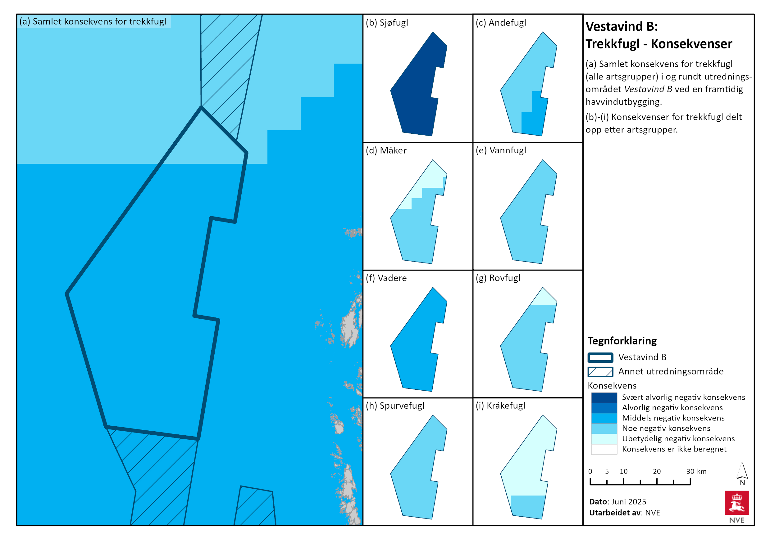 Konsekvens for trekkfugl i Vestavind B. Se tegnforklaring for nærmere beskrivelse, og les mer i tekstene ovenfor.
