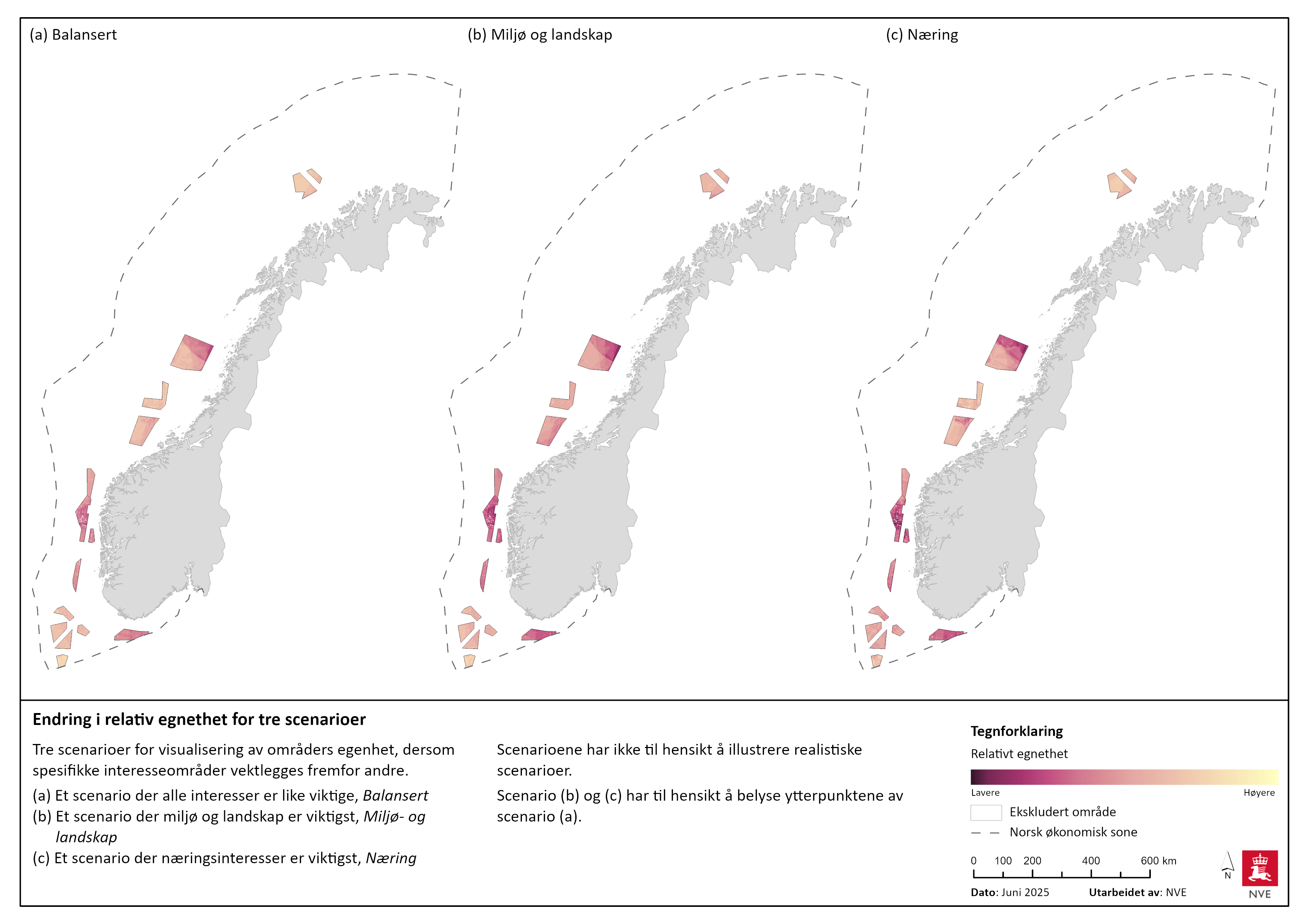 Endring i relativ egnethet som en funksjon av samlet konsekvensgrad ved scenarioene (a) "Balansert", (b) "Miljø og landskap" og (c) "Næring". Se tegnforklaring for nærmere beskrivelse.