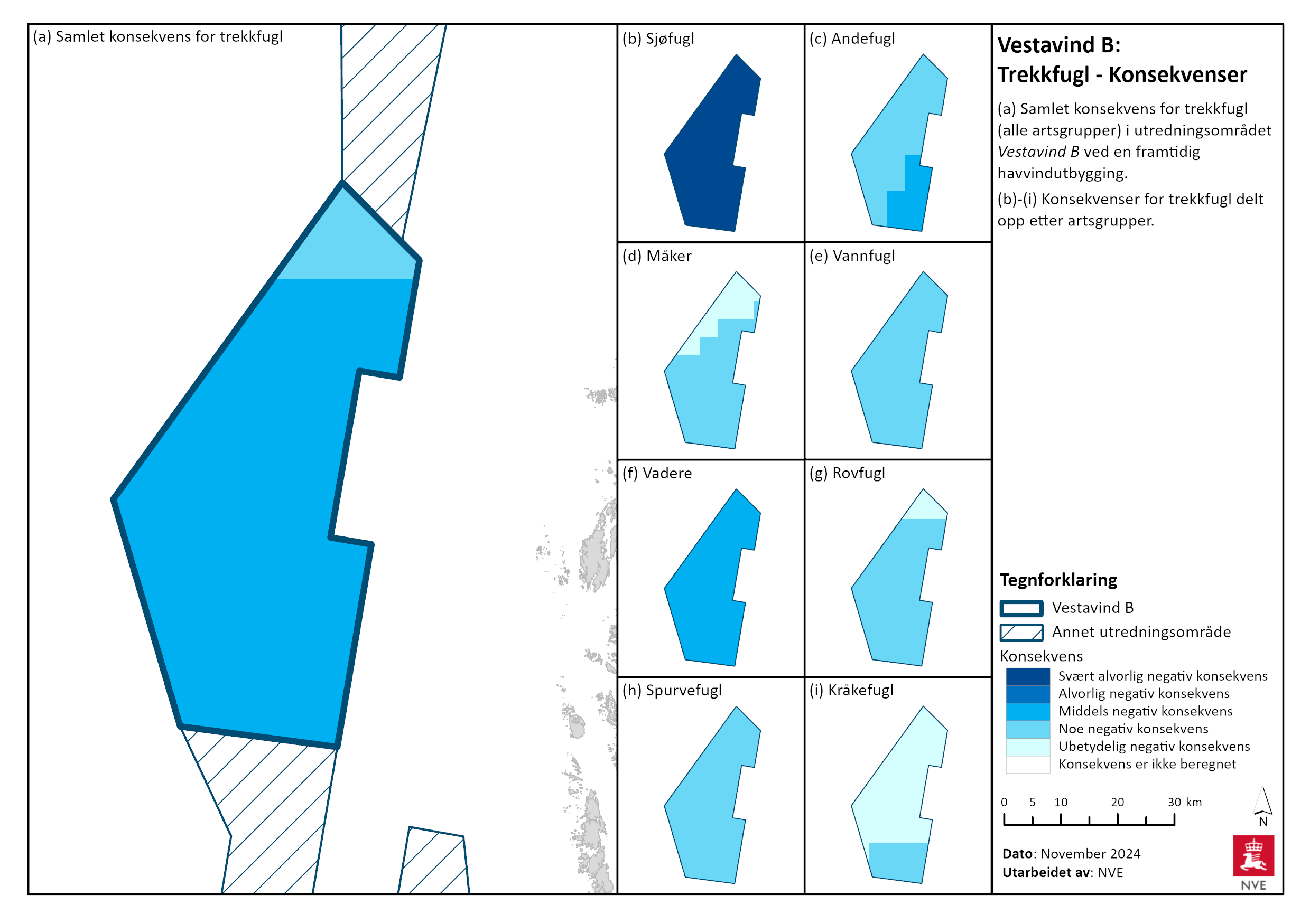 Konsekvens for trekkfugl i Vestavind B. Se tegnforklaring for nærmere beskrivelse, og les mer i tekstene ovenfor.