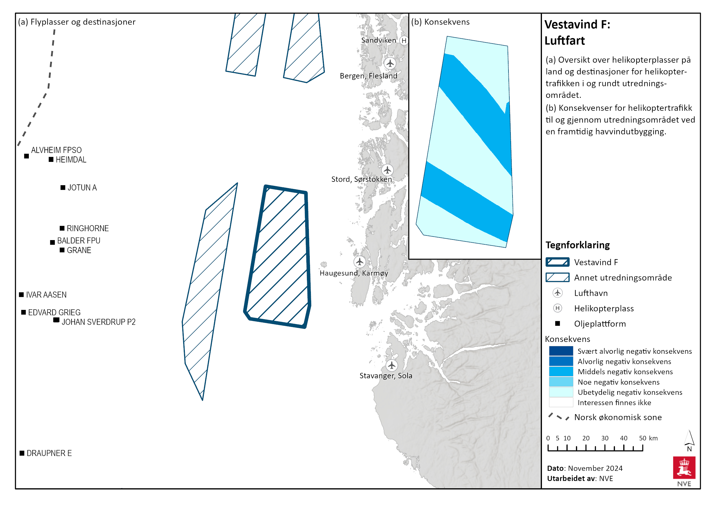 Oversikt over helikopterplasser på land og destinasjoner for helikoptertrafikken i og rundt Vestavind F, samt konsekvenser for helikoptertrafikk ved havvindutbygging.