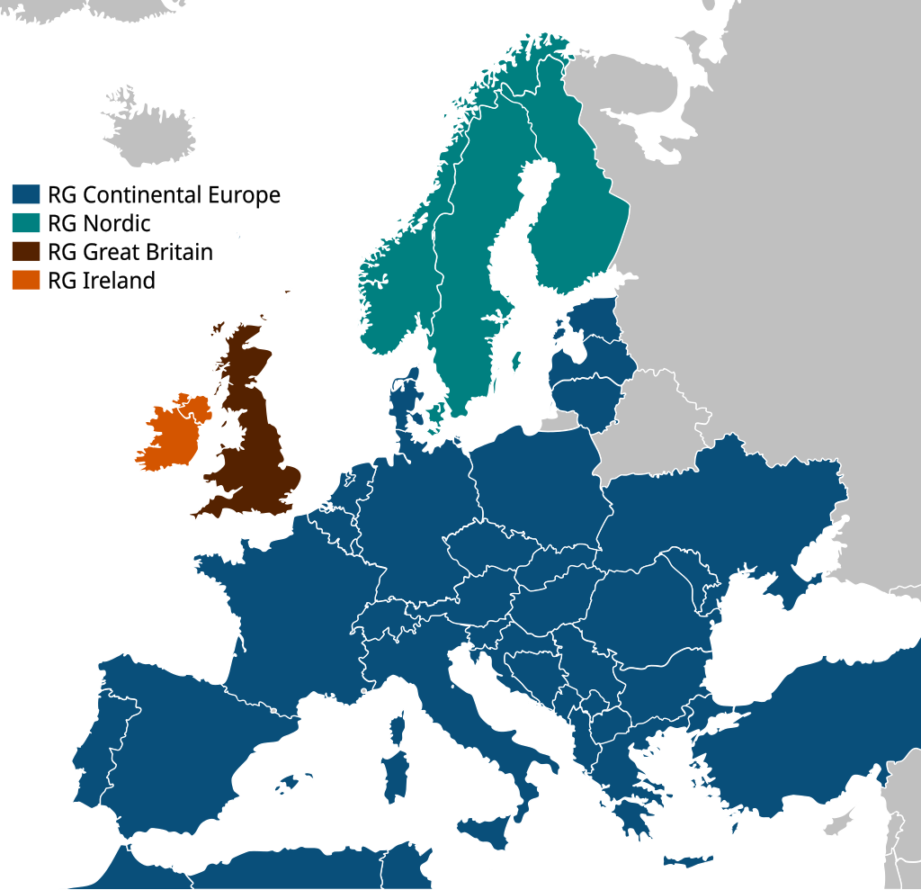 Figur 2: Synkrområdene i Europa. Det nordiske (RG Nordic) er illustrert i turkis. Kilde: https://en.wikipedia.org/wiki/Synchronous_grid_of_Northern_Europe