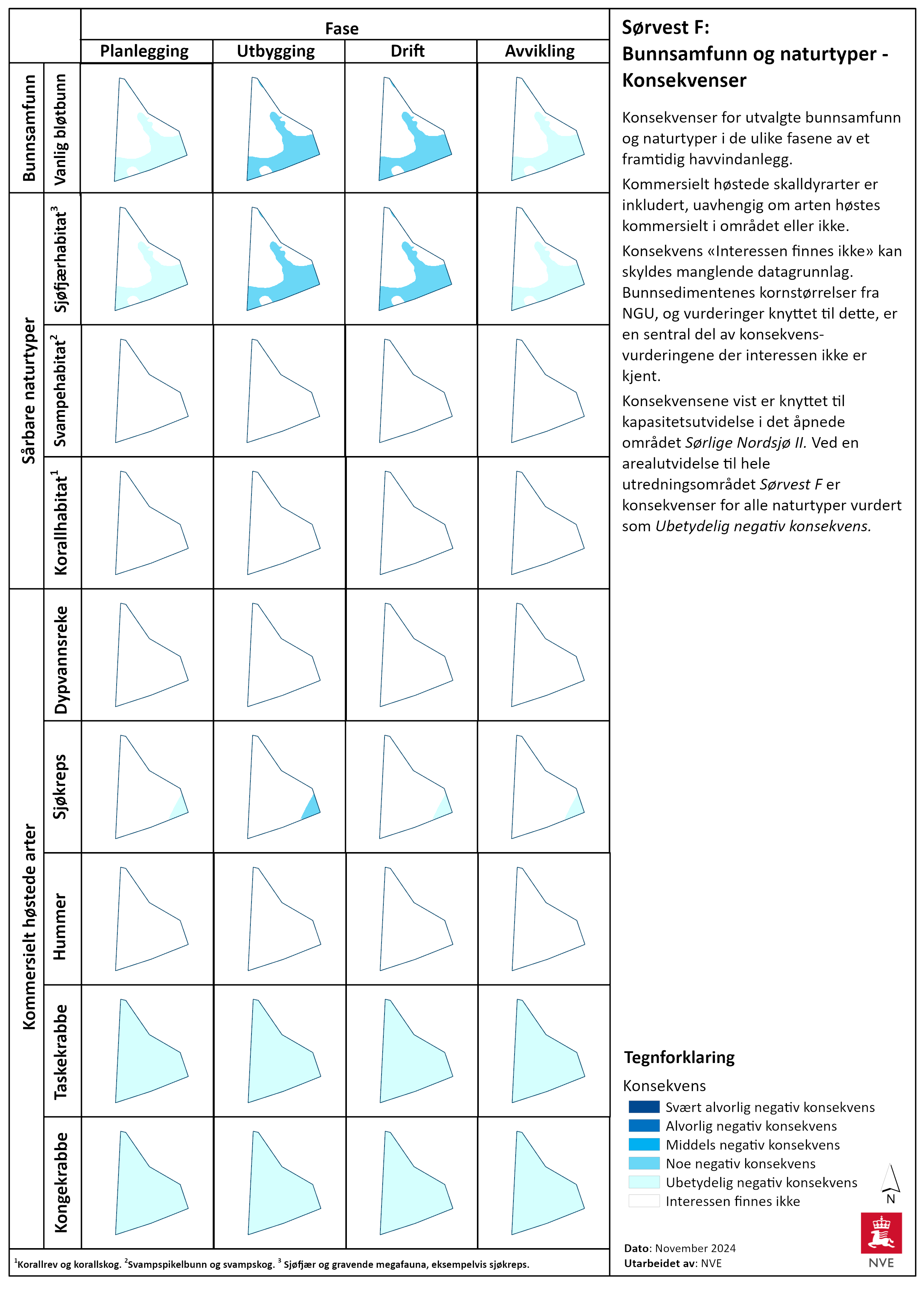 Konsekvens for bunnsamfunn og naturtyper Sørvest F. Se tegnforklaring for nærmere beskrivelse, og les mer i tekstene ovenfor.